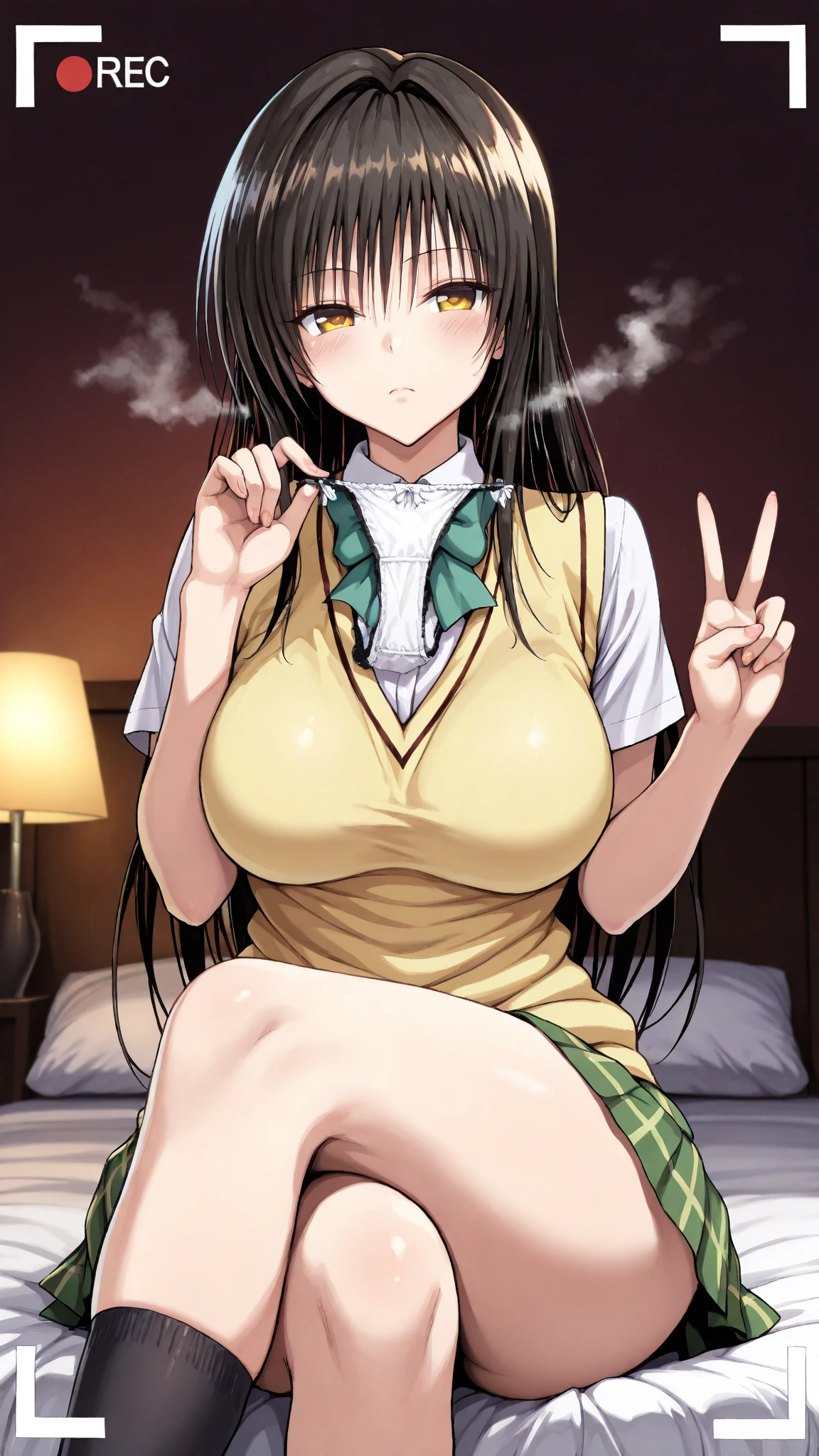 high school girl、Unfold panties with both hands、Plump thighs、Best image quality、High resolution、masterpiece、super high quality、Brown bra、Brown panties、とてもBig Ass、Blushing、4K quality、Thick thighs、Big Ass、Blushed、Big Breasts、Proud face、Wearing black knee socks、Sticking out tongue、heart、breast enhancement