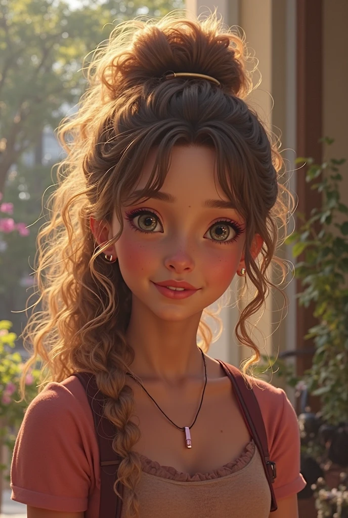 Crie a Charlotte, a 12 year old girl, genius in hand-to-hand combat, with curly hair, brunette skin, dark brown skin, freckles, brown heterochromia, perfect smile and dimples in his chin, besides a turned-up nose, and slanted eyes, one light brown eye and one dark brown eye, Grinning, Dimples on the chin, Closer look while smiling Fantasy book style
