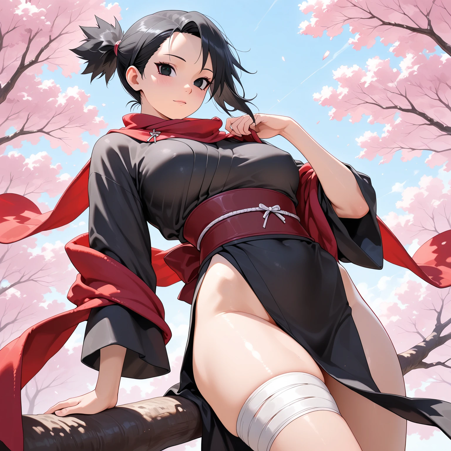 (Perfect body),Best Quality,16 K、((((Short stature))))、((((Lori))))、(White kimono)、sleeve less、(Red mini skirt)、(White panty)、(((blush)))、:D、One eye is closed、I have my mouth wide open、Tsuriformes、Blunt bangs、(short-hair)、(((bob cuts)))、(Red Eyes),((Black hair)),(Sweat)、((red scarf))、((Big ass))、((huge-breasted))、(((thick thighs)))、Armpits、Squatting