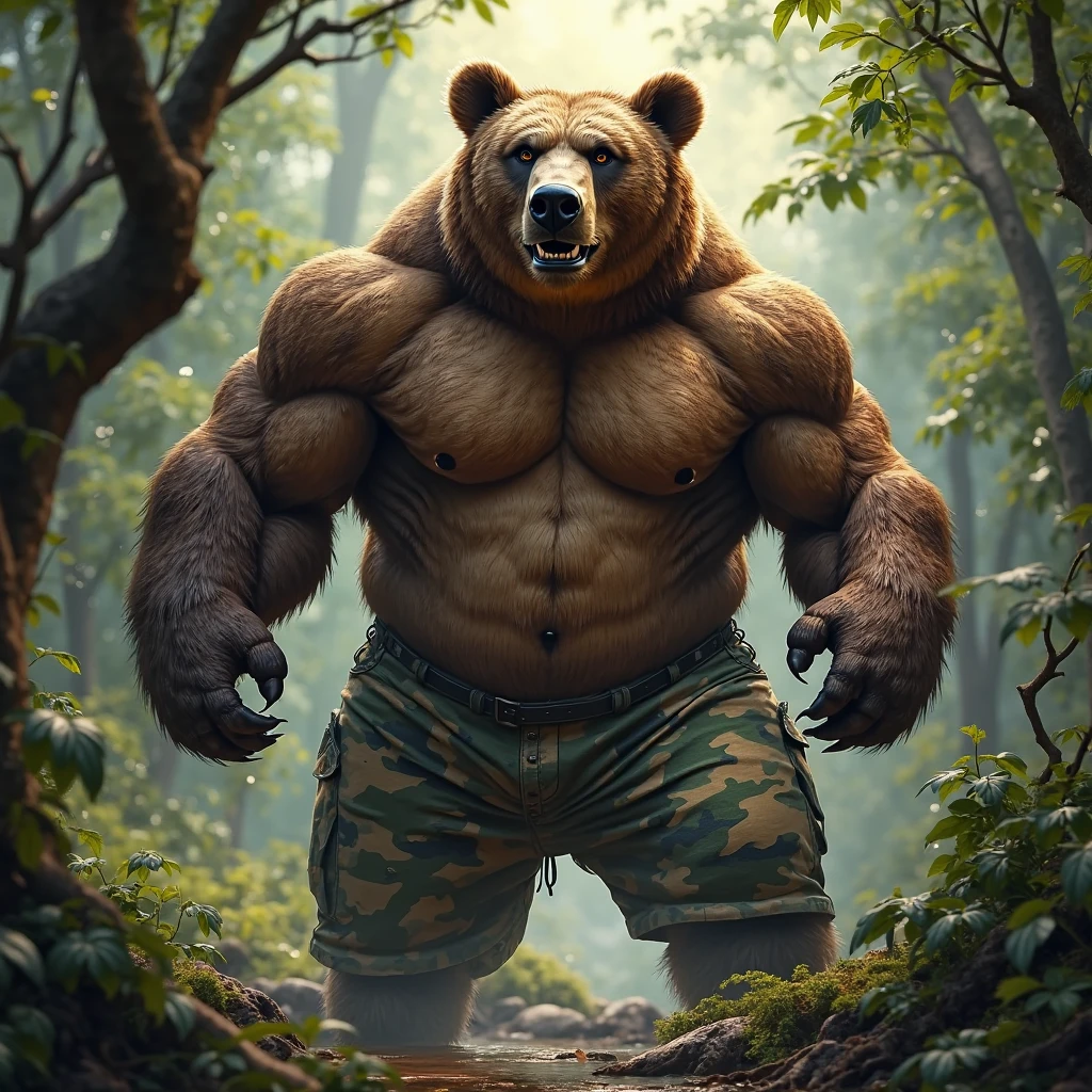 Solo, 1boy, chubby Grizzly Bear adventure in forest, brown fur, thick arm, huge arm, bearded. brown hair and brown beard, bearded, muscular, pectoral, wide pectoral, realistic, 8k, masterpiece, (wearing black shorts, wristbands and shirtless:1.3, topless, shoes) stretching his body muscles
