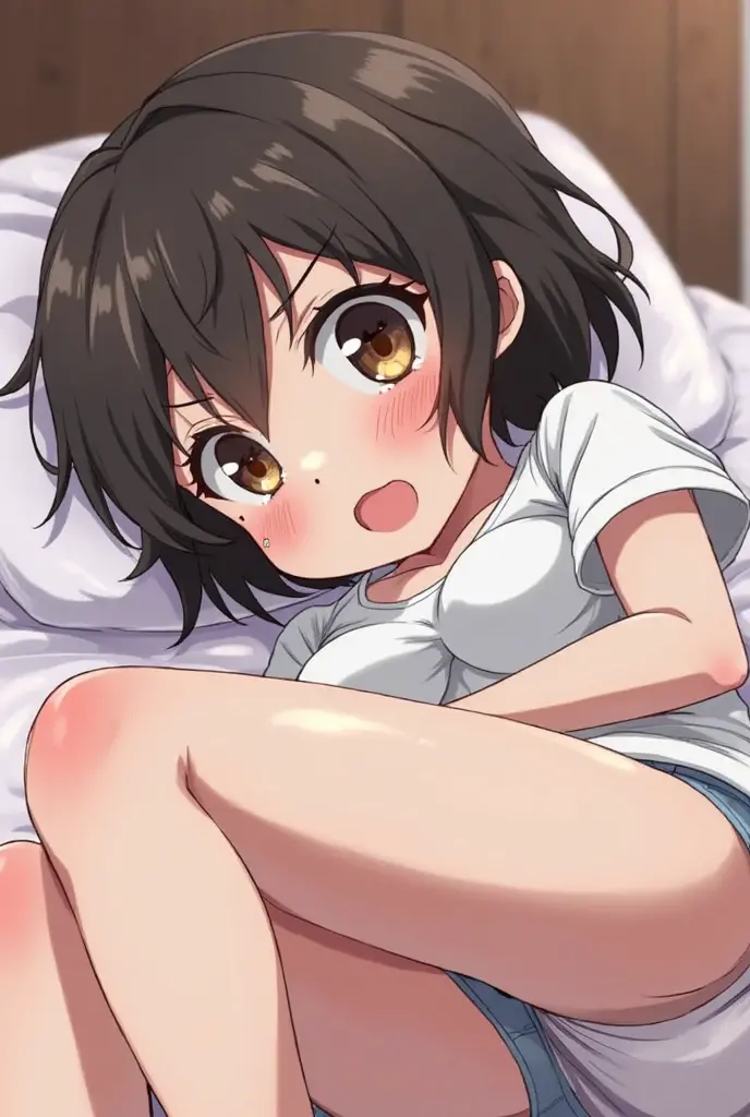 1 tom boy, 16-year old, flat chest, black braided in back short hair, shade of yellow eyes, wearing color white plain shirt, city, shirtlift, showing nipples, shy, blushing, nsfw, touching , spread legs, dildo in vagina, teary eyes, one eyes closed, satisfied look, open mouth