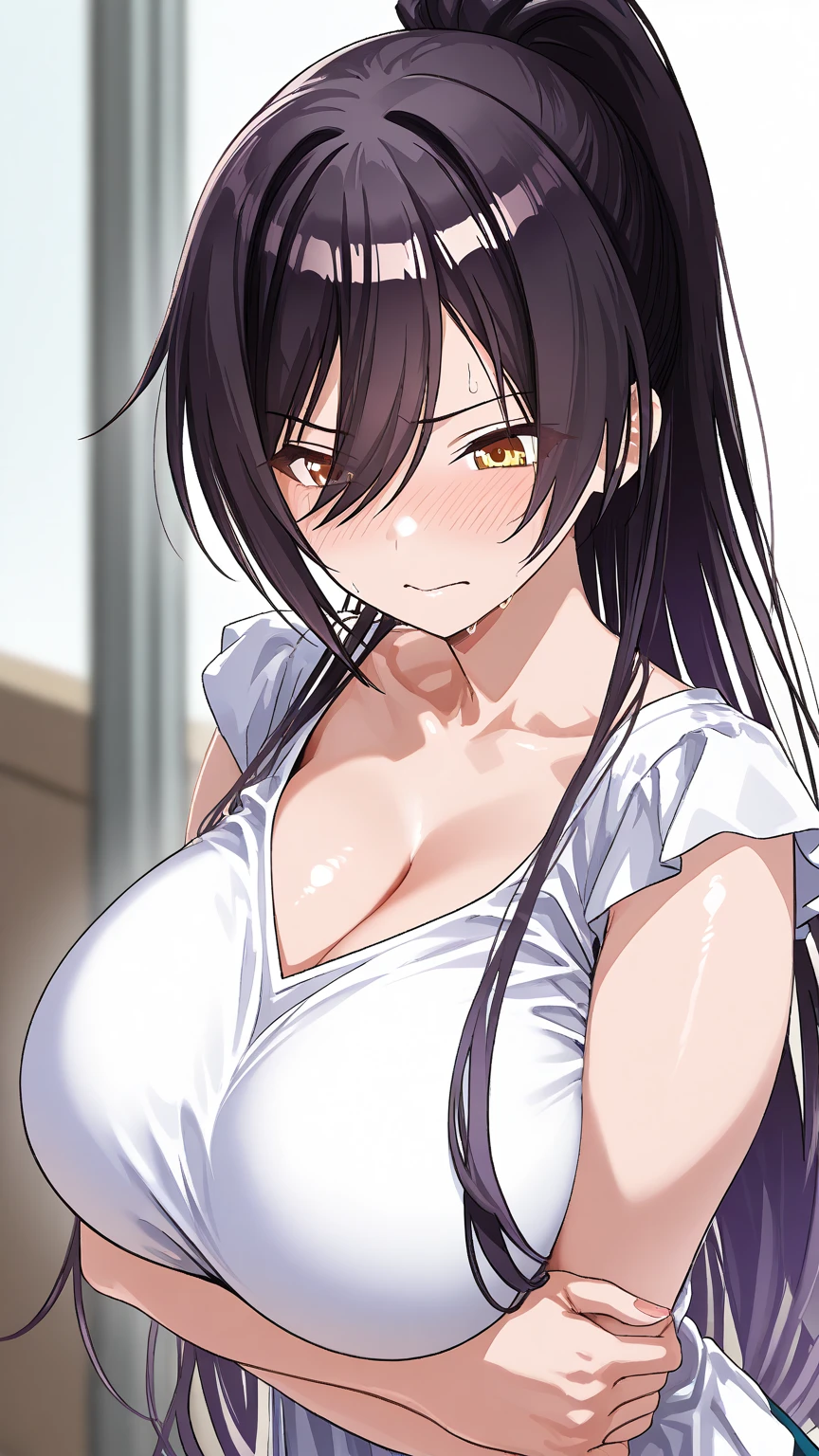 girl,sexy,grinning,long ponytail,wearing a tight see trough shirt,sweating,looking at viewer,groping her own