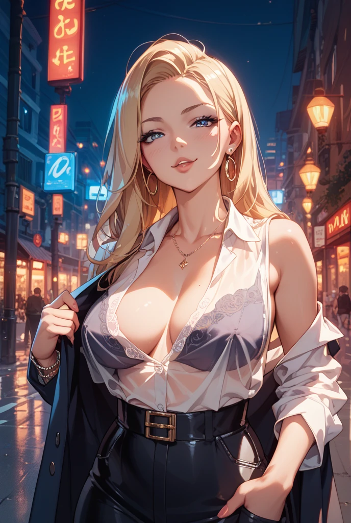 (best quality: 1.2), clean face, (masterpiece: 1.2, 8k)(PureErosFace_V1: 0.7), perfect anatomy, 1girl,a beautiful fashion model ,(masterpiece, official art, best quality) (hazel eyes) ,long and shiny hair, blonde hair with blonde streaks in hair, long hair, full lips, upturned nose ((((tan skin, bronze skin, 1.3)))), big breasts, lifstrangerachel looking at viewer, revealing outfit, absurdity, intricate details, city, dimanic pose, night, neon signs, cinematic lighting, (highly detailed skin: 1.2), wearing
short shorts and a loose white shirt, cleavage, torn clothes