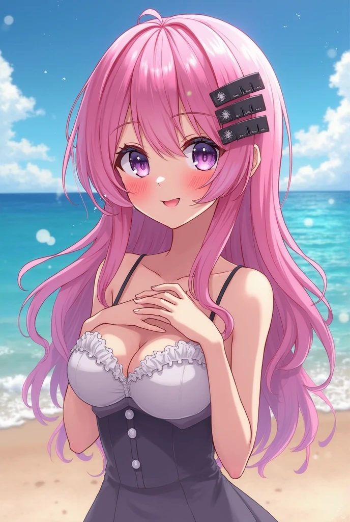 (((Best quality))),(Realistic shadows),(((Very thin lines))),Beautiful,Exquisite,16K,Full HD,Absurd,Beach,((Upper body,Soft expression)),((Smile,Happiness:1.5))Shine,Micro bikini,Curvy,Belly button,Dimples in the skin,Beach,Standing with a graceful smile,Pastel colors,Long pink hair,Straight hair,Green eyes,Long eyelashes,Beautiful eyes,Pale pink cheeks,Bright eyes,Shy smile,Long and slender legs,