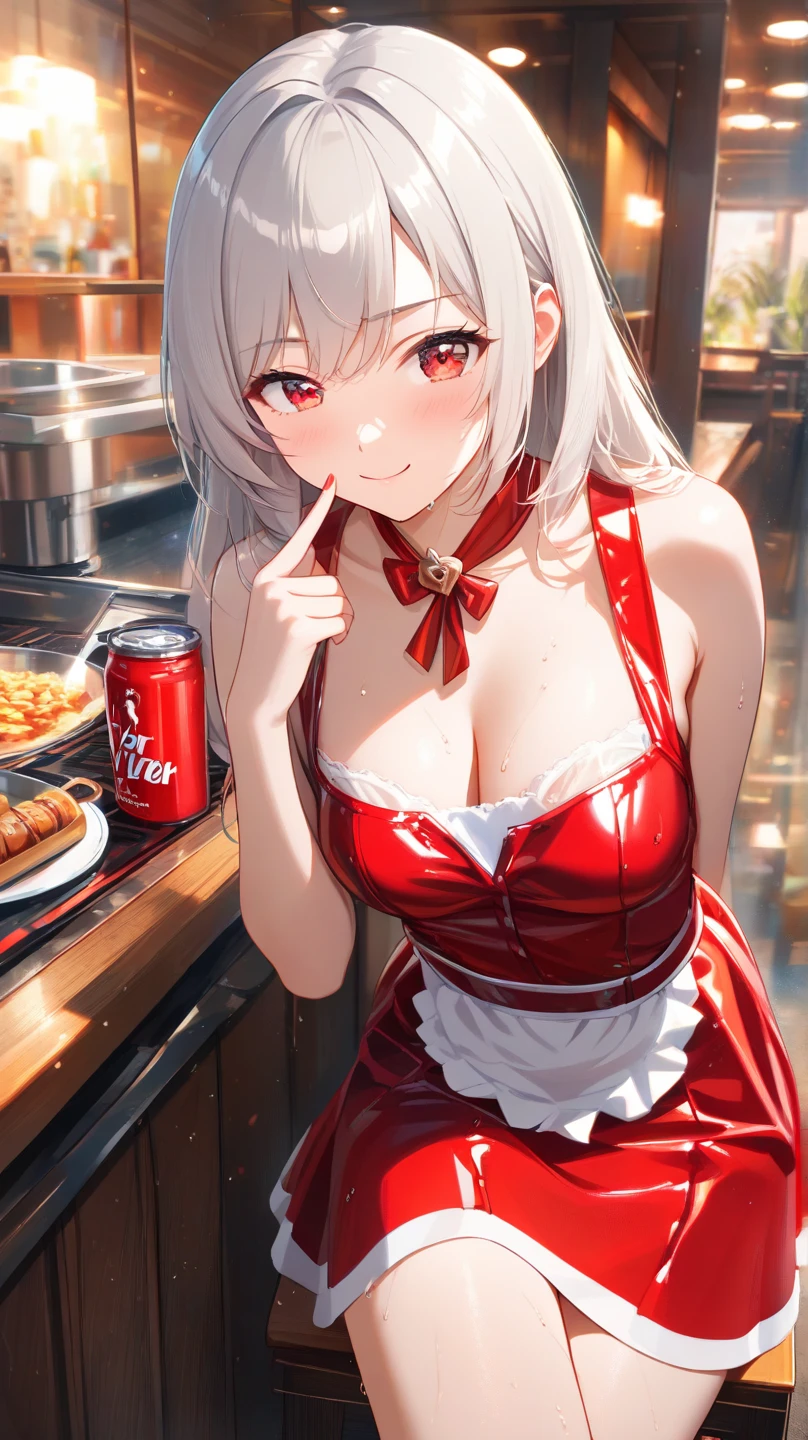 anime girl with black long hair and yellow eyes wearing tight and shiny latex leotard also put some make up on and beautiful red lipstick, she has gorgeous body and super big breast that feel so amazing just to look at and squeeze, her nipple get hard for some reason and she look panic because of that and try cover it with her bare hands, she is on bench sitting while waiting her food in restaurant, she is so naughty and kinda ?????