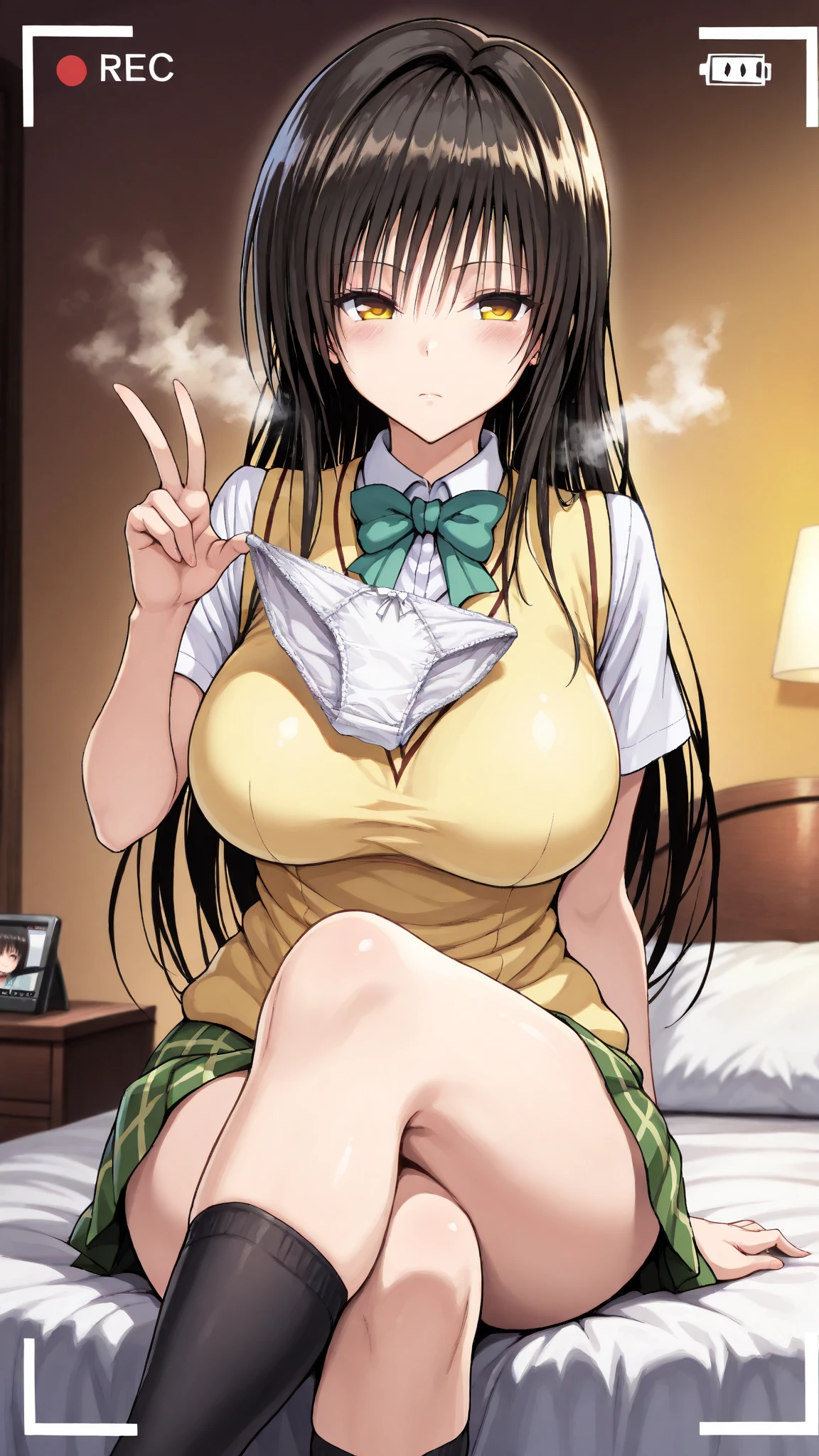 nsfw,kotegawayui, yui kotegawa, black hair, (brown eyes:1.5), long hair,
BREAK green skirt, plaid, plaid skirt, sainan high school uniform, school uniform, skirt, sweater vest, (yellow sweater:1.3), short sleeves,
BREAK looking at viewer,
BREAK (masterpiece:1.2), best quality, high resolution, unity 8k wallpaper, (illustration:0.8), (beautiful detailed eyes:1.6), extremely detailed face, perfect lighting, extremely detailed CG, (perfect hands, perfect anatomy), spread legs, on bed, wet pussy, smile,( peace sign:1.2), cum in pussy