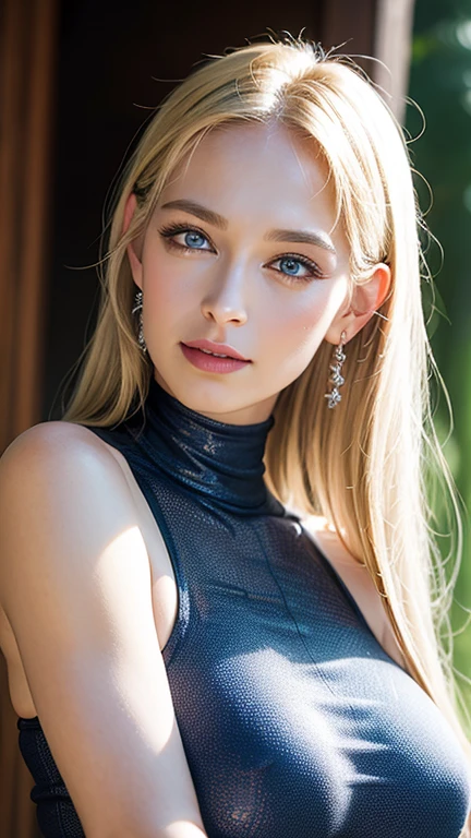 Ultra realistic, 16k, high quality, 1 girl, short blonde hair, shoulder-length blonde/silver hair that spreads across her left temple and is tucked behind her ear, wears small gold hoop earrings in both ears, blue eyes , bright eyes, white skin, pale skin, flushed cheeks, large natural breasts, hot waist, big hips, warm legs, skirt, parted lips, blush, night, flowers, sun, sunlight, 25 years old, (beautiful tall body), photography professional of a detailed stunning woman, sharp focus, dramatic, award-winning, Cinematic lighting, volumetric dtx, (film grain, blurred background, blurred foreground, Bokeh, depth of field, motion blur:1.3), multiple sexy and hot poses .