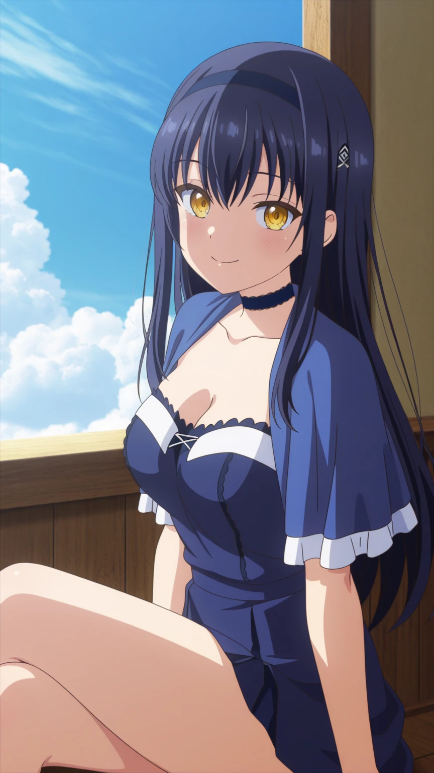 (masterpiece, highest quality:1.2), 1 girl, alone,(long black hair,dull bangs),15 year old Japanese woman,beautiful face,blush,smile,(huge breasts:1.1),in the backyard,during the day