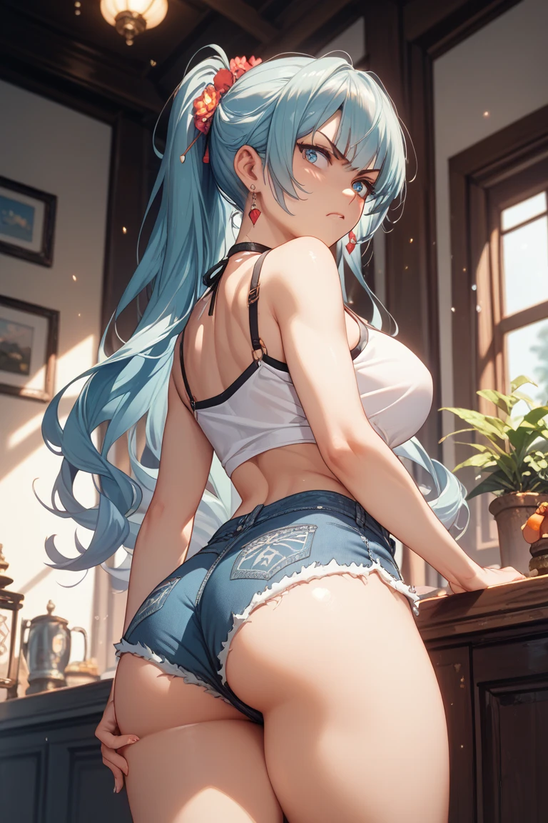 8K, 4K, Best Quality, High resolution: 1.2), (Masteristic, Realistic, Photoreal: 1.4), Two Women, In twins, Beautiful face, she is smiling、Shining Lipin Eyes, Beholder, Fair skin, White skin: 1.5), fine complexion, full body Esbian,, Big, Big,  ridiculously long hair, Sky blue hair color、Bangs, Hair ornaments, with two sides up,, 年轻, White T-back、s asack-view、お尻に食い込むWhite T-back、She just wears a thong in return、big butts、Long tights、Colossal tits、H-cup、Exposed nipples、Horns are growing、It emphasizes your butt、she is the devil、Wings are growing from my back、full of sweat、Tied with a rope