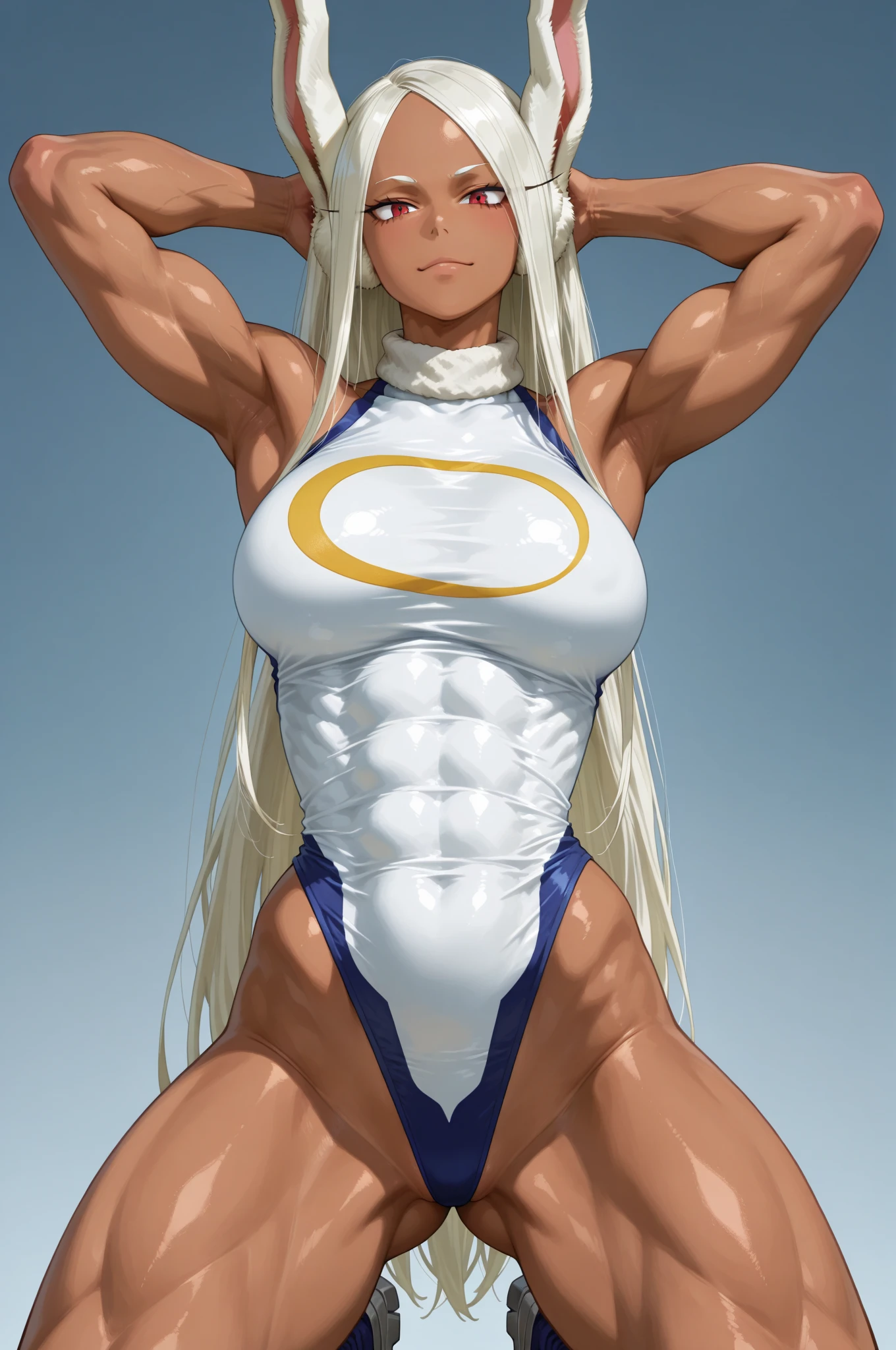 Photorealistic, Show from the hips to the shoulders, girl,Woman,Female, 年轻, 20 years old, absurdly long hair, messy long hair, beautiful detailed cold face, Seductive smile, beatiful detailed eyes, Log Cabage, White skin, highleg, Detailed ice, absurderes,High Art, Ridiculous resolution, High resolution, (masutepiece:1.4), super detailed, 1 Awkward Girl, Smooth skin, shiny milky skin, Colossal tits, Big ass , venusbody, doress、thick juicy thighs, 鎖骨, Cleavage Closed mouth, Smile, Cute face, Rabbit ears,Rabbit Girl,Abs, muscularwoman,Red Eyes, dark skinned female,Dark skin,Animal ears,White hair, Miruko, --v 6