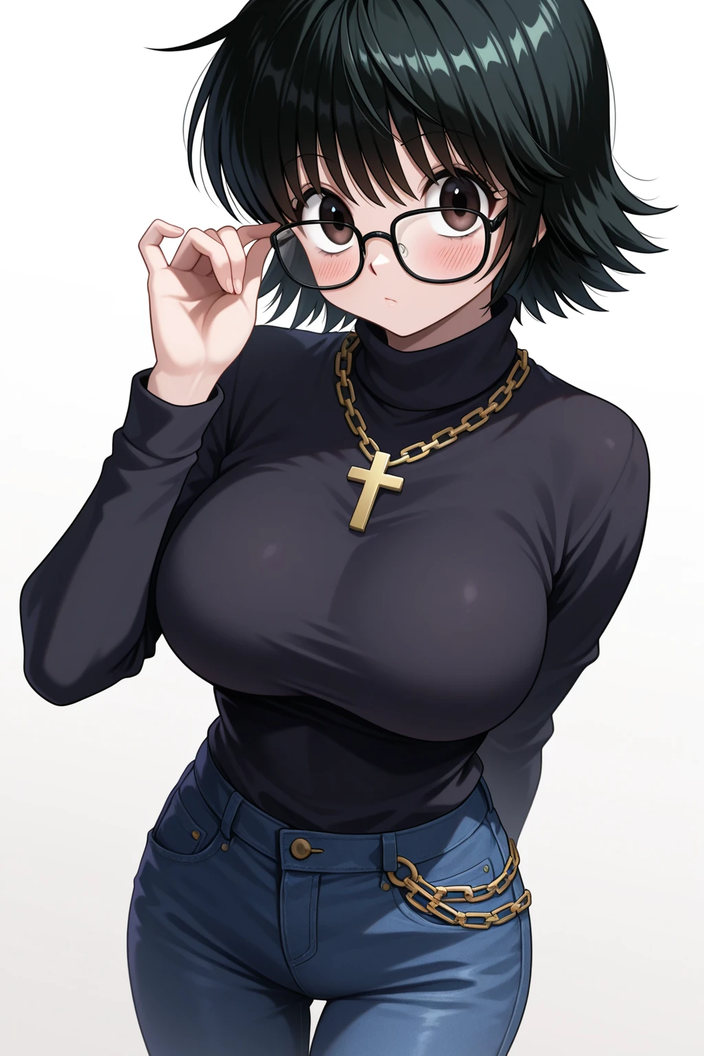 Shizuku Murasaki, 1girl, black hair, short hair, glasses, large breast, ((tight black long sleeve turtleneck shirt, underboob, torn clothes:1.2)), (upper body, looking at view), (masterpiece, high resolution, best quality, anime colored, anime screencap, 8k, photorealistic), denim, inverted cross chain necklace, (perfect detailed anatomy, beautiful detailed eyes&hair, beautiful detailed body&breast)