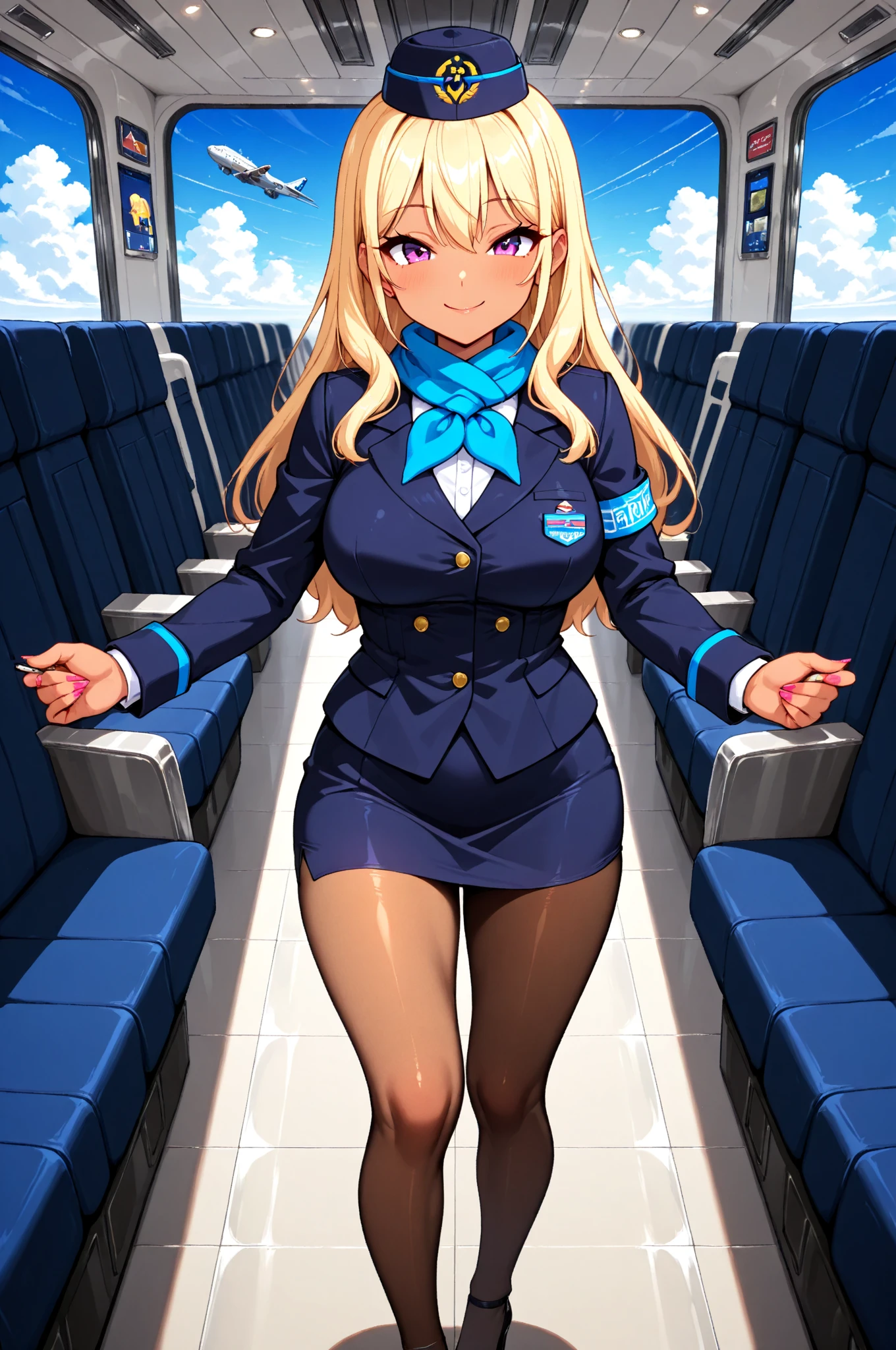 (top-quality、in 8K、32K、​masterpiece、nffsw、超A high resolution、Impresionismo、Photorealsitic:1.2)、Full body, (On the plane:1.4)、realistic shadow、beauitful face、blurry backround、16-year-old beautiful girl、shinny skin, Beautiful golden hair、Wavy Hair、Medium Hair、blue eyess、Stewardess uniform、pantyhose、Black shoes、A smile、thighs thighs thighs thighs、announcement、