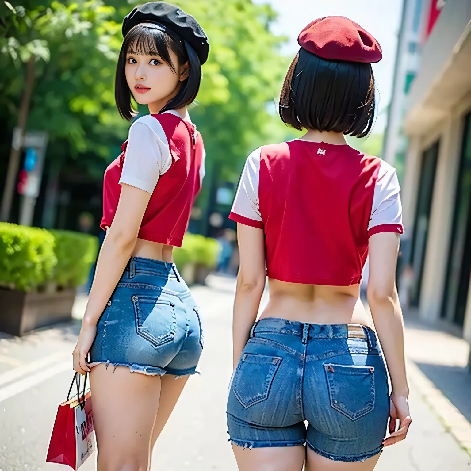 short_hair, bangs, red_hair, blunt_bangs, bob_cut, red_eyes, hat, her back is facing the viewer as she looks over her shoulder at the viewer, she's a very cute high school asian girl wearing very short denim hot pants, perfect body , shortcuts、Beautiful breasts, ((( slim waist ))), Exposed navel, ((( short t-shirt that shows the lower half of the chest ))), amazingly beautiful , (((Lower half of her butt is exposed ))), high heels, Exposing Skin , baby face, Shopping in the city , walking downtown , (from back), ((( small ass 、 Thin Thighs )))、 shortcuts、 red hair 、Wear a beret、her perfect butt is facing the viewer.