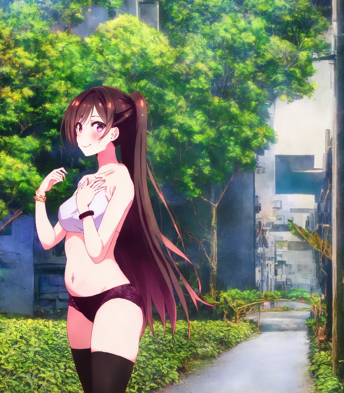 sayuogiwara, Sayu Ogiwara, brown hair, (brown eyes:1.5), medium hair, break , ((In underwear)),（white lace bra),(White lace panties),(((pubic hair)))、NSFW、Blue sky、NSFW、wet、whole body, (((genital hair))), NSFW, pussy, ,(((pubic hair))),beautiful breasts,(walking in akihabara)、wallpaper,(walking in akihabara )、It&#39;s windy、(Very embarrassing panic smile)、 break (masterpiece:1.2), highest quality, High resolution, ユニティ8kwallpaper, (figure:0.8), (detailed and beautiful eyes:1.6), highly detailed face, perfect lighting, Very detailed CG, (perfect hands, perfect anatomy),（white lace bra),(White lace panties)