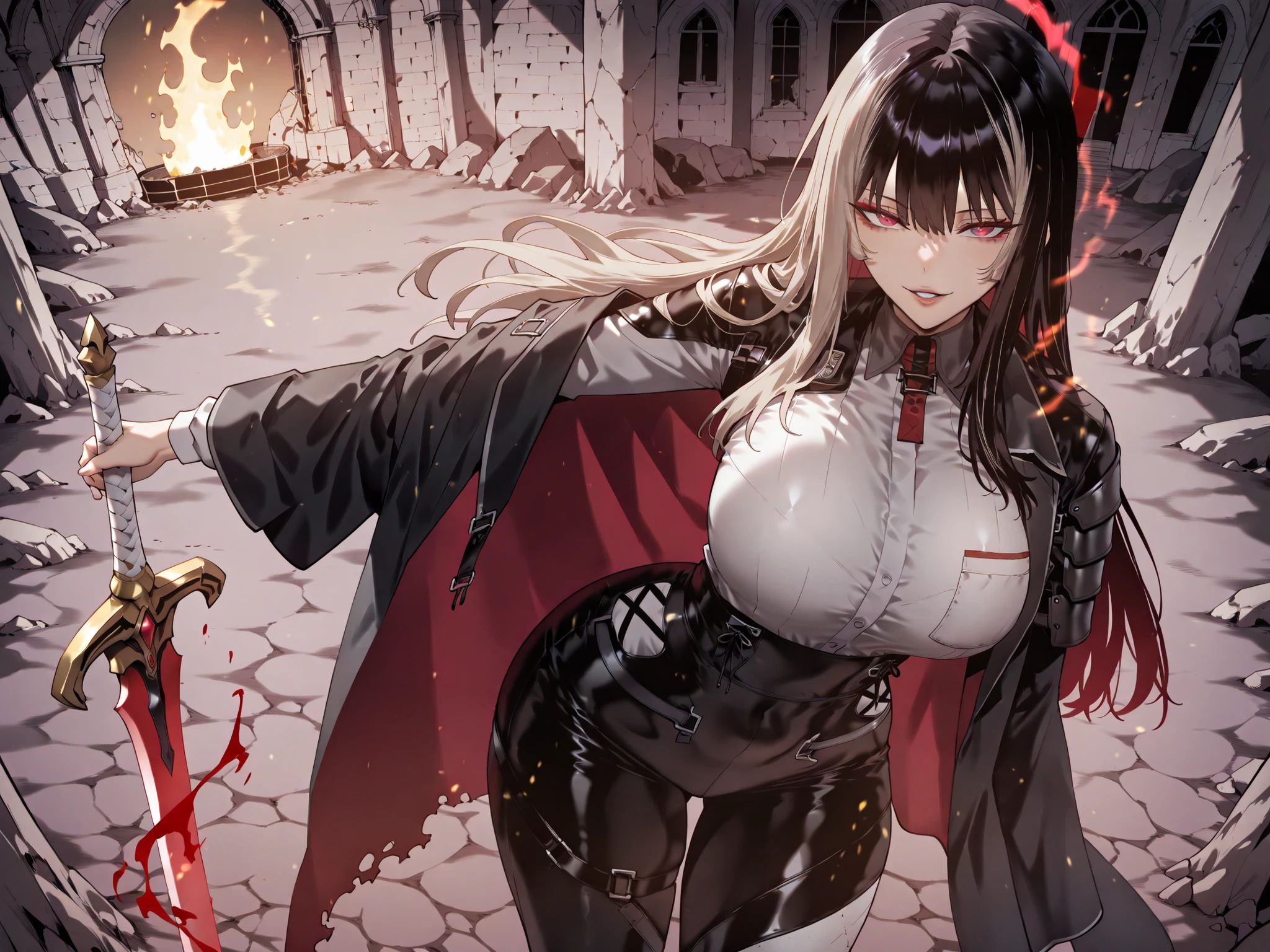 taken from above、caveの中、Hunter、Ruins、Buster Swordを持つ、black suit、black longsuit、 black long jacket、ゴスロリなshirt、Depressed、Tall Woman、A woman in her thirties、 Alassah's woman、Steins;Gate、 black longsuit 、score_9, score_8_up, score_7_up, Source_anime,masterpiece、No expression、no makeup、top quality,beautifully detailed eyes in a logistics warehouse, Exquisite Eyes、A sophisticated eye、highly detailed eyes and faces,unmotivated expression、lethargic face、 long breasts, Black Jacketを羽織る、Black Jacket、shirt, big saggy breasts, shockingly big breasts, big breasts,big boobs、boobs 、Zitoida, makeup、no makeup、long hair、smooth straight hair、black slacks、tall woman、Tall Woman、plump thighs, parted lips、 shining eyes,(Fire Aura Onkown),dungeon内、Crimson Eyes、long hair、dark haired、黒い髪、Long Straight Hair、dungeon、cave、Ruins、solo、holding a sword、soloプレイヤー、red aura、 Crimson Aura 、Rugged Sword、Strict Sword、Buster Sword、Wide ass、beautiful butt、and stick your butt into the focus of your butt、long boots、Shoulder Armor、Fearless Laugh、strong、Is confident、suit pants、黒いlong pants、Black Skinny、long pants、Dynamic、Satu、fight、Satu狂、俺だけレベルupな件、arrogant、 Confidence々The smile 、bewitching smile、Sadist、Satu中、hunting、hunting