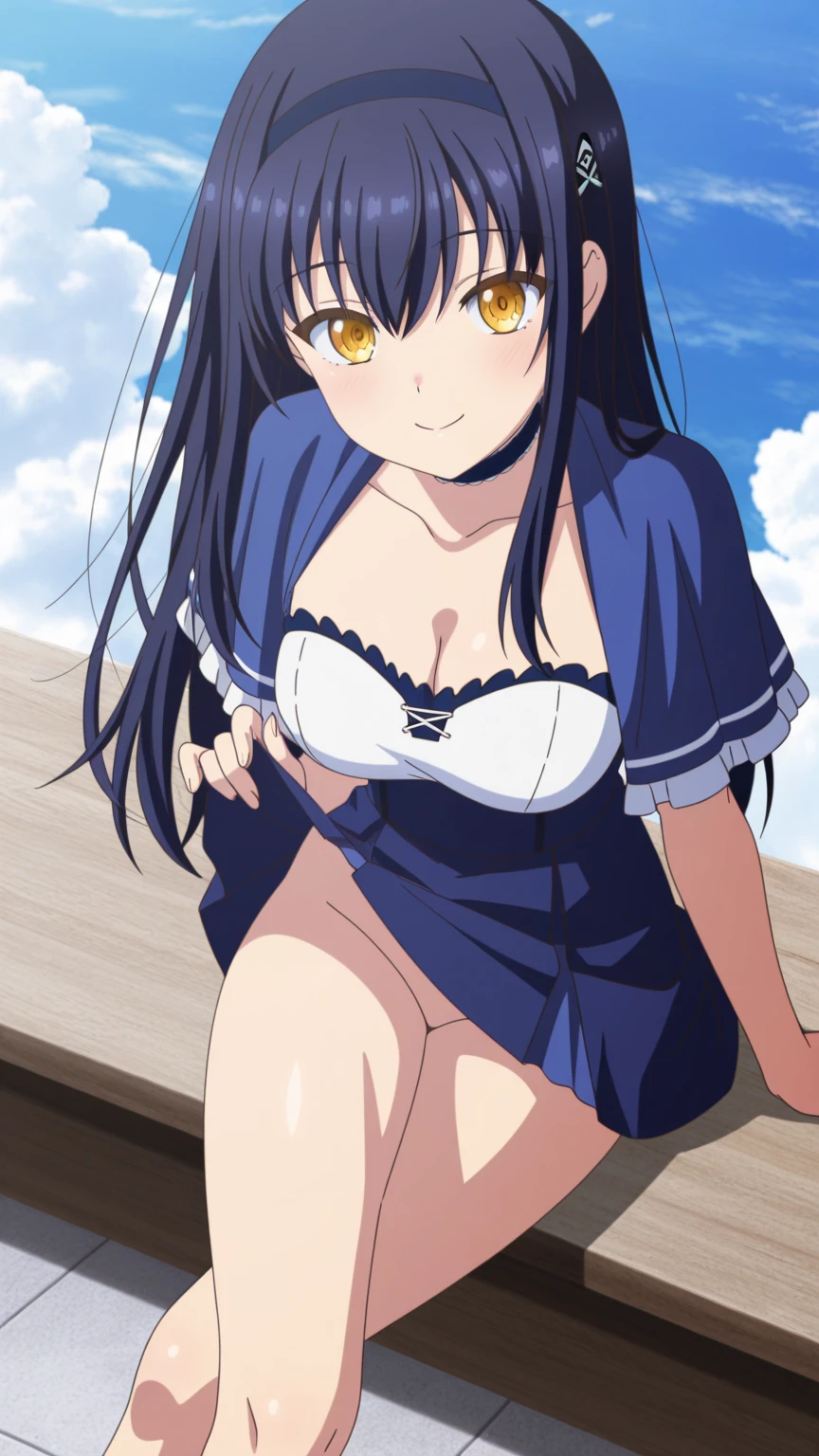 masterpiece,highest quality,High resolution,1 person,Miyu Edelfelt,magical girl uniform,leotard,removed sleeve, boots, cape,belly button,sitting on the bench,City of night