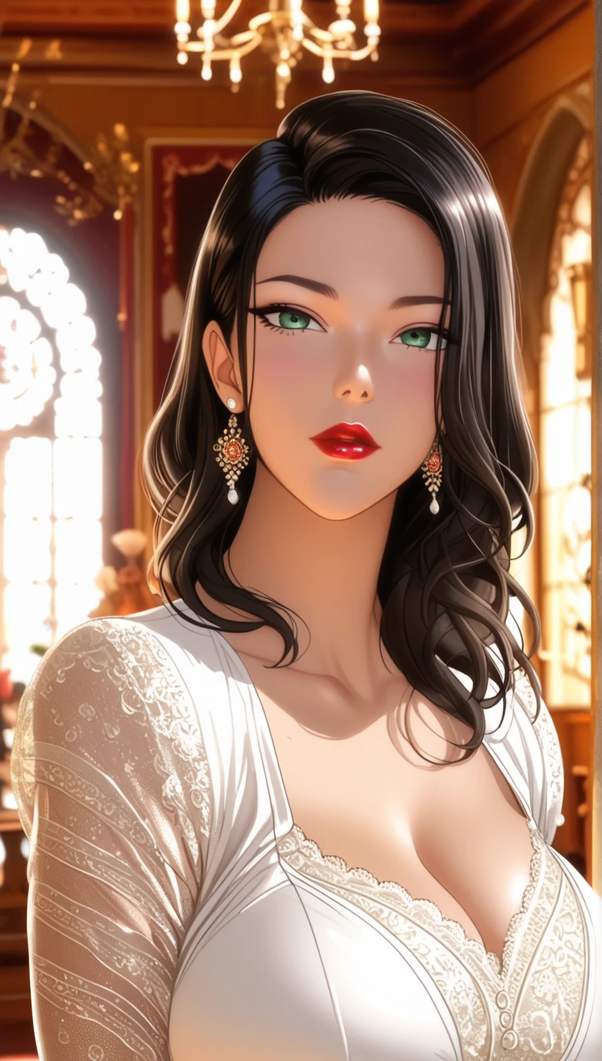 beautiful woman, black jhumka earrings, large breasts, diamond necklace, black printed with white strip saree, flawless makeup, intricate detailed face, expressive eyes, alluring gaze, elegant posture, cinematic lighting, dramatic colors, highly detailed, 8k, photorealistic, masterpiece, wavy hair