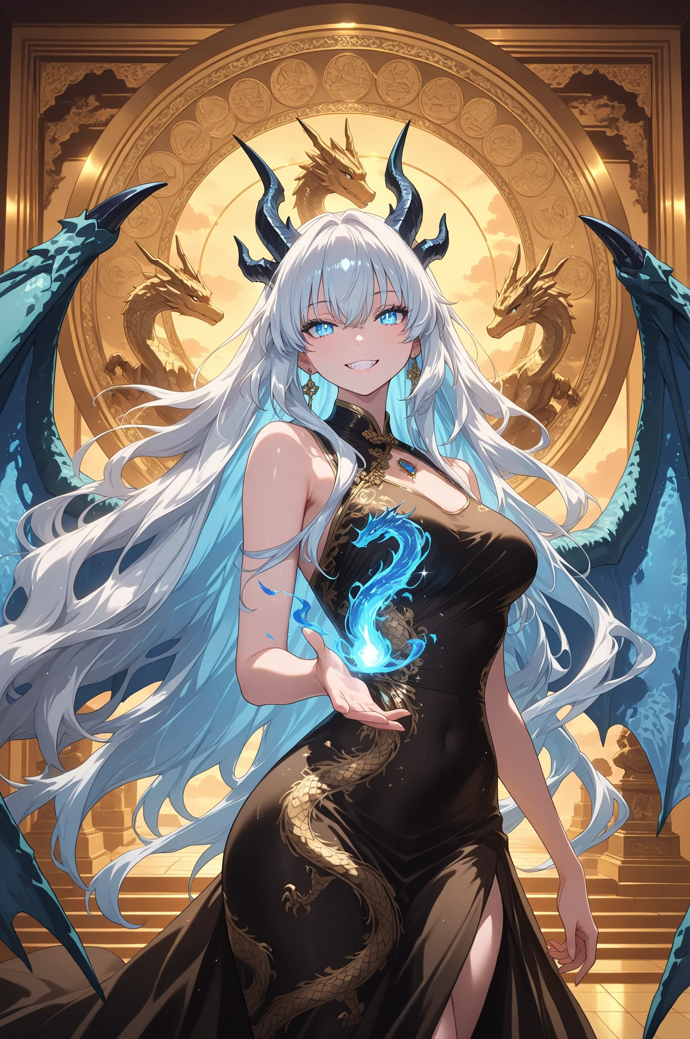（（（tmasterpiece，best qualtiy））），8K,（（Complicated details））,Natural breasts,Chiaroscuro,Striped hair,Silver hair,Very long hair,Floating hair,((Dragon horns)),（Pupil of the slit）,（Fox ears）,Anatomically correct,（Full body photo）,angle of view