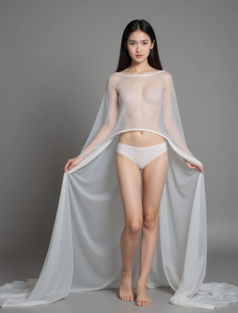 Chinese flight attendant，goddess，Model，28 years old，long black hair，Long hair shawl，（Bare shoulder 1.3），Astonishing脸，Astonishing体型，（Blue transparent lace underwear 1.5），long legs，Astonishing，High heel，Nice shoes，high quality，high contrast，Light，HD，simple gray background，plain background