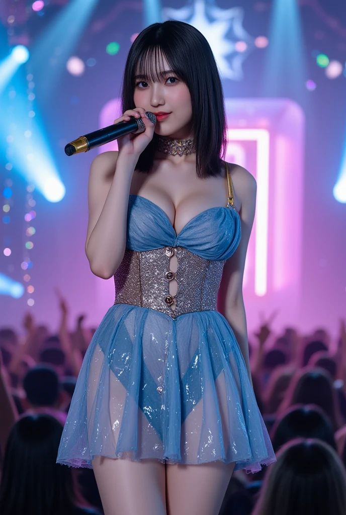 NSFW、masterpiece、最high quality、high quality、high quality、premium quality、wonderful品質、Exceptional quality、excellent quality、Luxurious quality、excellent quality、best image quality、8k、super resolution、最High resolution、High resolution、最high quality、Rich shades、shining quality、crystal clear、realistic images、perfect details、Image without defects、clear image、wonderful表示、bright colors、deep contrast、high fidelity、amazing clarity、optimal performance、image of a well、realistic、wonderful、perfect image、Close to reality、Realistic human body in every detail、Realistic skin in every detail、Realistic face in every detail、Realistic eyes in every detail、Realistic lips in every detail、Realistic teeth in every detail、Realistic ears down to the last detail、Realistic hair down to the last detail、Realistic arms down to the last detail、Realistic reproduction of every detail、Realistic fingers in every detail、(fine hands、thumb1reference4)、Realistic feet in every detail、pretty girl、beautiful girl、attractive girl、attractive young woman、wonderfulティーンエイジャー、adorable girl、Shining Girl、innocent girl、sweet girl、beautiful adolescent girl、cute young woman、 the girl who captures your heart、dazzling girl、elegant girl、((japanese model))、((12 years old))、(black hair)、(straight hair)、((whole body))、((Chest、small breasts))、(slim style、underdeveloped body shape)、(whole body光沢肌、Fair skin)、Detailed and realistic human body、detailed realistic skin、detailed realistic face、detailed realistic arms、detailed realistic fingers、Detailed realistic feet、(professional lighting)、((big stage venue))、((large concert venue)、((big live venue))、(on stage)、((Junior idol))、((singer))、((Rainbow-colored transparent see-through(stage costume with frills))、(((on stage(microphone1have、Sing enthusiastically)))、(whole body映像)、angle from below、(Lots of galleries、large audience)