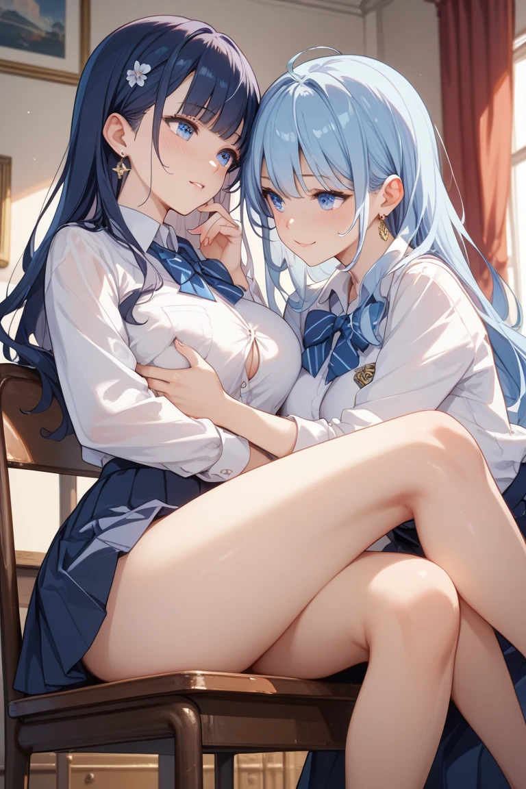 , Two teenage girls, High school student, A pair of blue hair white stockings, White hair and black stockings, Half a thigh, face, Shy cat ears, JK school uniform, On a white bed, Feet