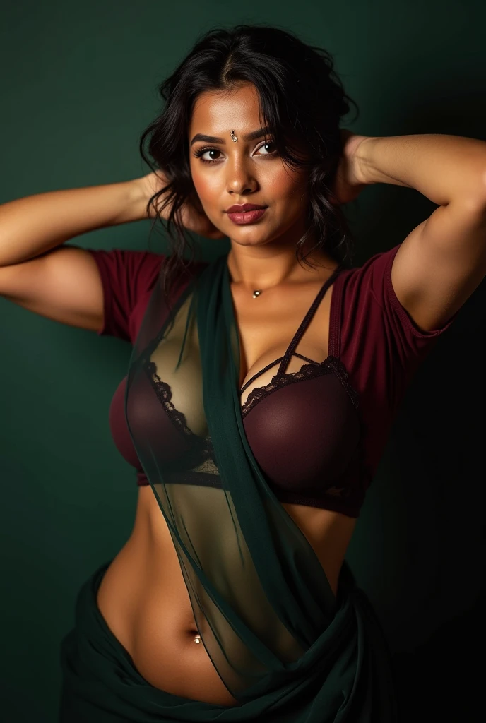 Latika, Indian woman, wearing indian sari, light purple sari, tight clothes, expressive eyes, close on eyes, neckline, looking to the viewer, smirk smile, above view, above view, close view, neckline, in India street, at night, sexy, above view, focus on eyes