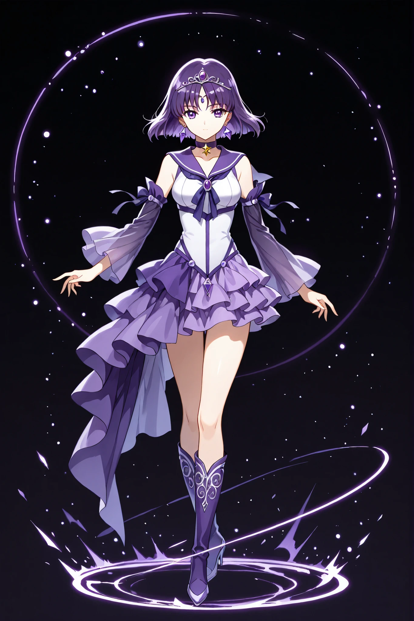 best quality, masterpiece, 4k resolution, hyper-detailed, best-quality, source_anime, 1girl, full body, solo, hotaru tomoe, youthful, purple eyes, short hair, purple hair, circlet, tiara, brooch, choker, amethyst earrings, white top, tight top, medium breasts, black-violet arm sleeves, decorated sleeves, bare hands, bare shoulders, jewelry, miniskirt, purple sailor collar, sailor collar, layered skirt, asymmetrical skirt, High-Low Skirt, Asymmetrical Hem Skirt, cascade skirt, knees, star choker, purple boots, misty boots, misty heels, black-lace knee boots, decorated boots, black background, starlit background