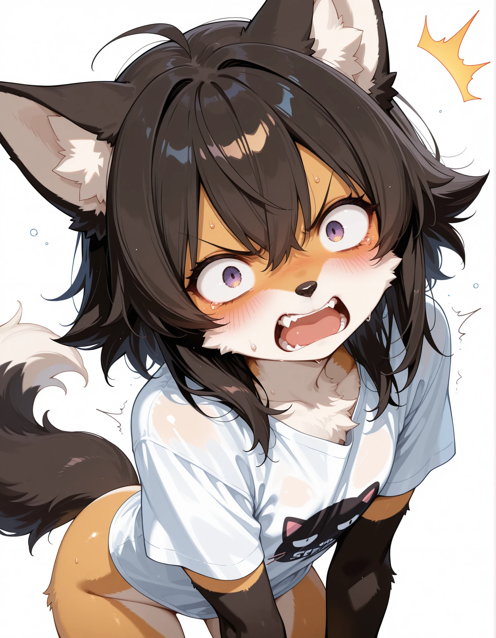 masterpiece, best quality, amazing quality, best quality, anime, 4k, exaggerated expression, very aesthetic, solo, white background, detailed face and body, solo, simple eyes, anthro, furry wolf, angry, surprised, bottomless, black mini shirt, looking at viewer,