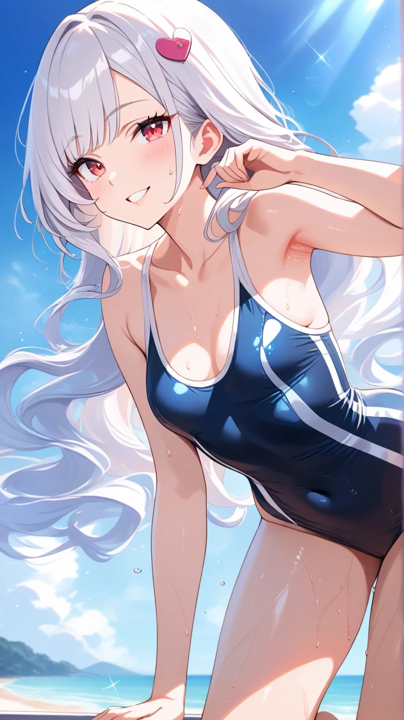 Best image quality,1People Girl,Long Hair,Shiny Hair,black eye,Shining Eyes,smile,Double teeth,sunflower,stream,Water Play,Wet,girl,small,small breast,White swimsuit,Small size swimsuit