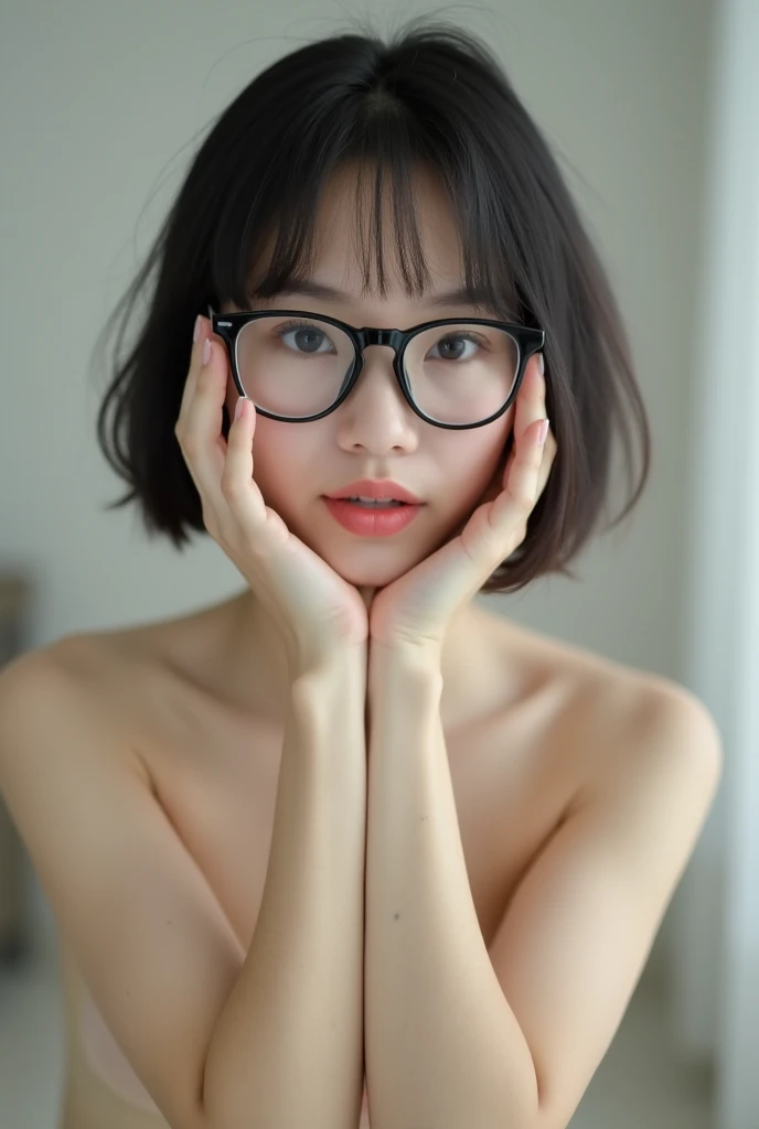 nsfw, (1 slender short girl:1.2), (10 years old:1.2), small breasts, nude, full body, (shaved pussy:1.1), ((highest quality, 8K, masterpiece :1.3)), black hair, wear glasses, sad, short cut, bob cut,in the school, super detailed face, fine eyes, double eyelid