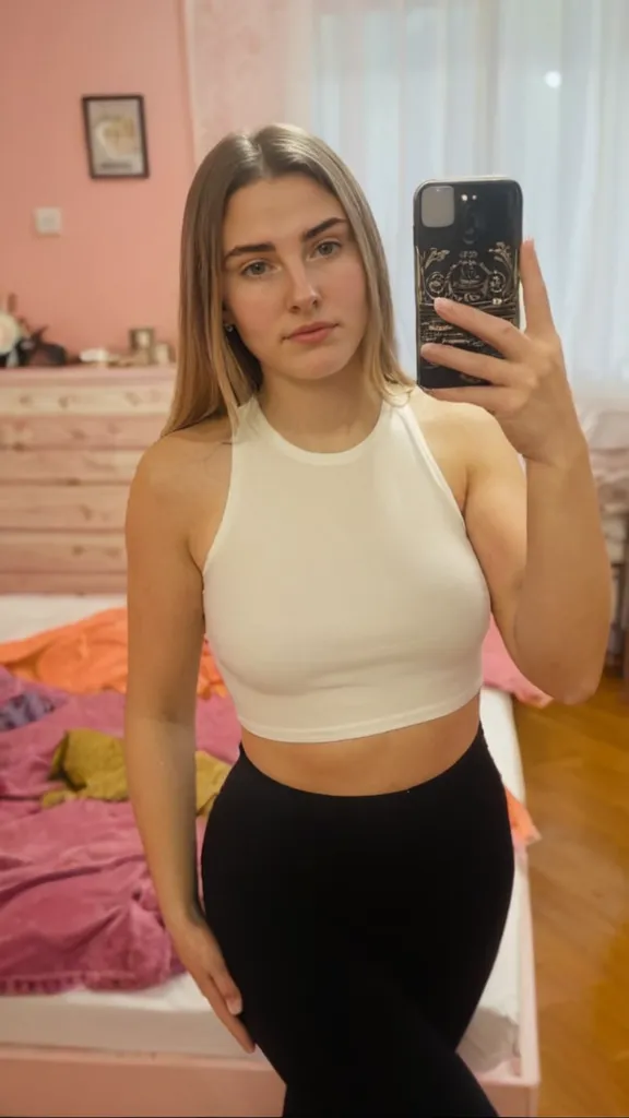 A white woman poses straight looking at the camera. She's wearing a simple black t-shirt and jeans pants. The frame is from her waist up and the background is dark orange
