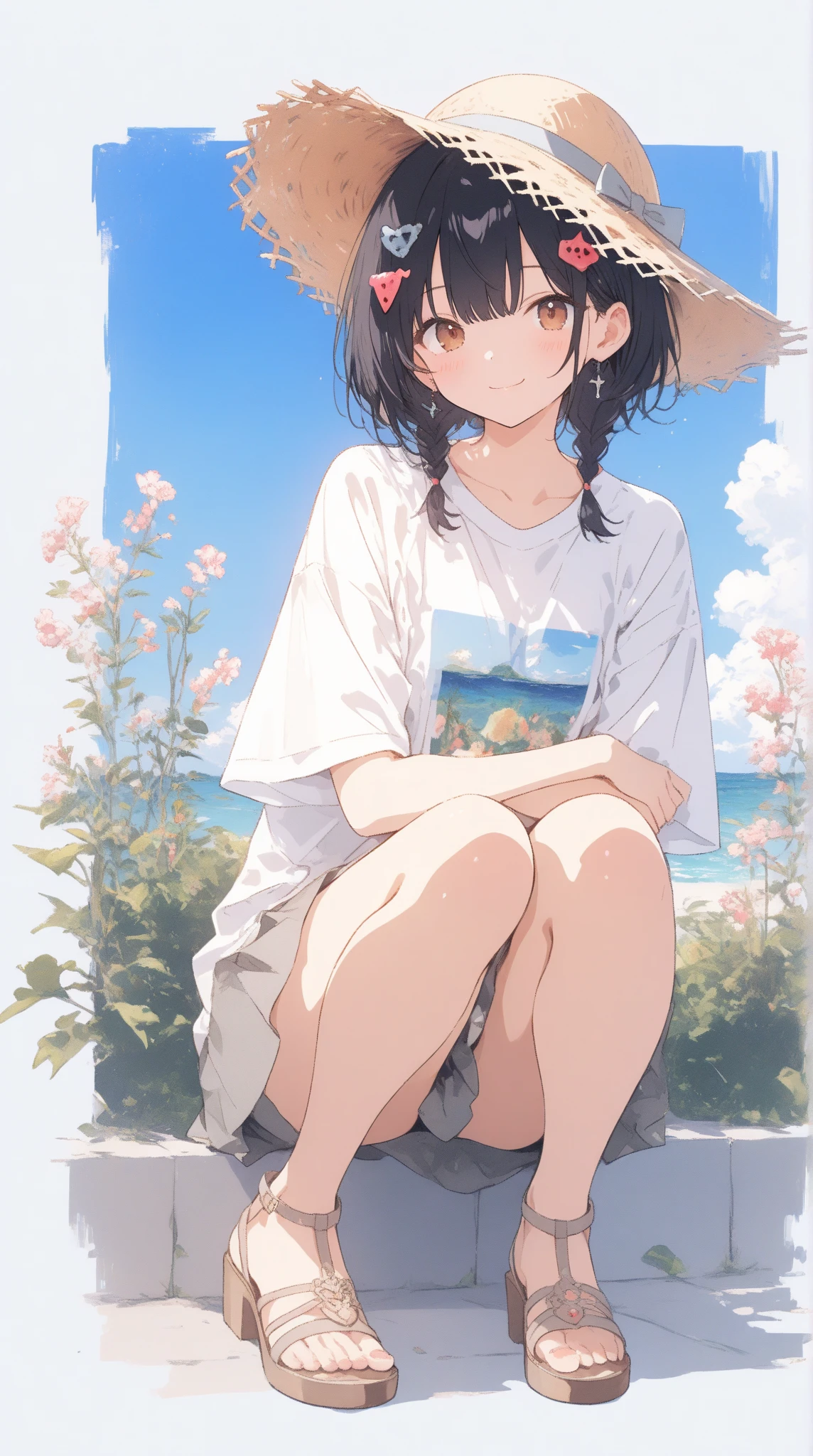 Uma mulher jovem da cidade, with short black hair sitting at the foot of a tree in the forest, she's looking toward the horizon, She's wearing a white shirt and light blue jean shorts.. We see her in profile at a distance
