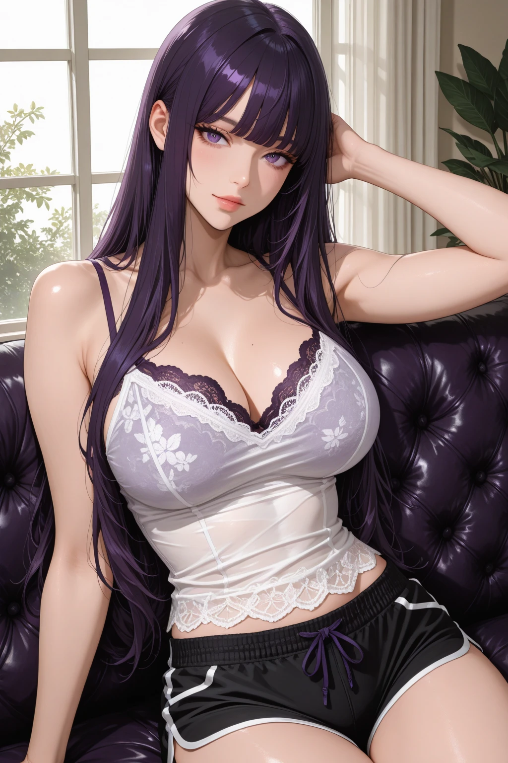 Kaori, Single model, solo, half Asian, half Latino, very long straight black hair, freckles, blushing, wet eyes, long chain pendant, very large heavy breasts, chubby, belly, stretchmarks, (highly detailed beautiful face and eyes),(fitted purple ribbed crop top:1.2), white leggings, pantyhose, sleeveless, collar, cuffs,(smile:1.2),blush,shy, cowboy shot,hair band,looking at viewer, (best quality,masterpiece),,highres,ultra-detailed,extremely detailed,32k,8k resolution, intricate details,solo,dynamic angle,