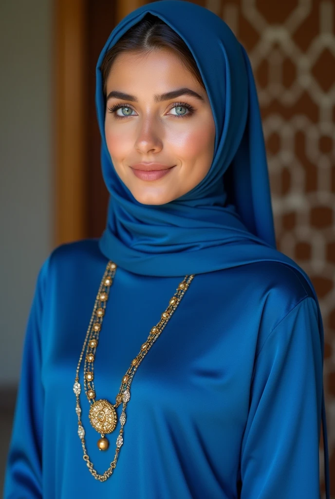 A pretty lady who wears sky-blue hijab and nikab with silver Abaya