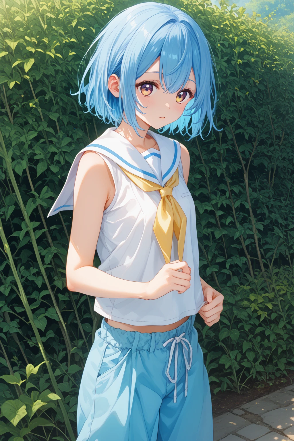 Cornflower art, dreamy, (masterpiece, top quality, perfect anatomy, beautiful face, realistic, super detailed, 1 girl, 18 ears senile, solo, depth of field, canon 24mm lens, f1.4, cute_girl, sailor_ collar, clear facial features, short sleeves, small breasts, slender stature, height 170, barefoot, double ponytail, bangs, gravure pose, outdoor, jungle, Blurred background, (Uwabaki: 1.1576)) Drenched all over body, clear liquid dripping from the crotch, the front of the shirt is exposed, the breasts are visible, transparent bra, light blue striped buns, NSEW.