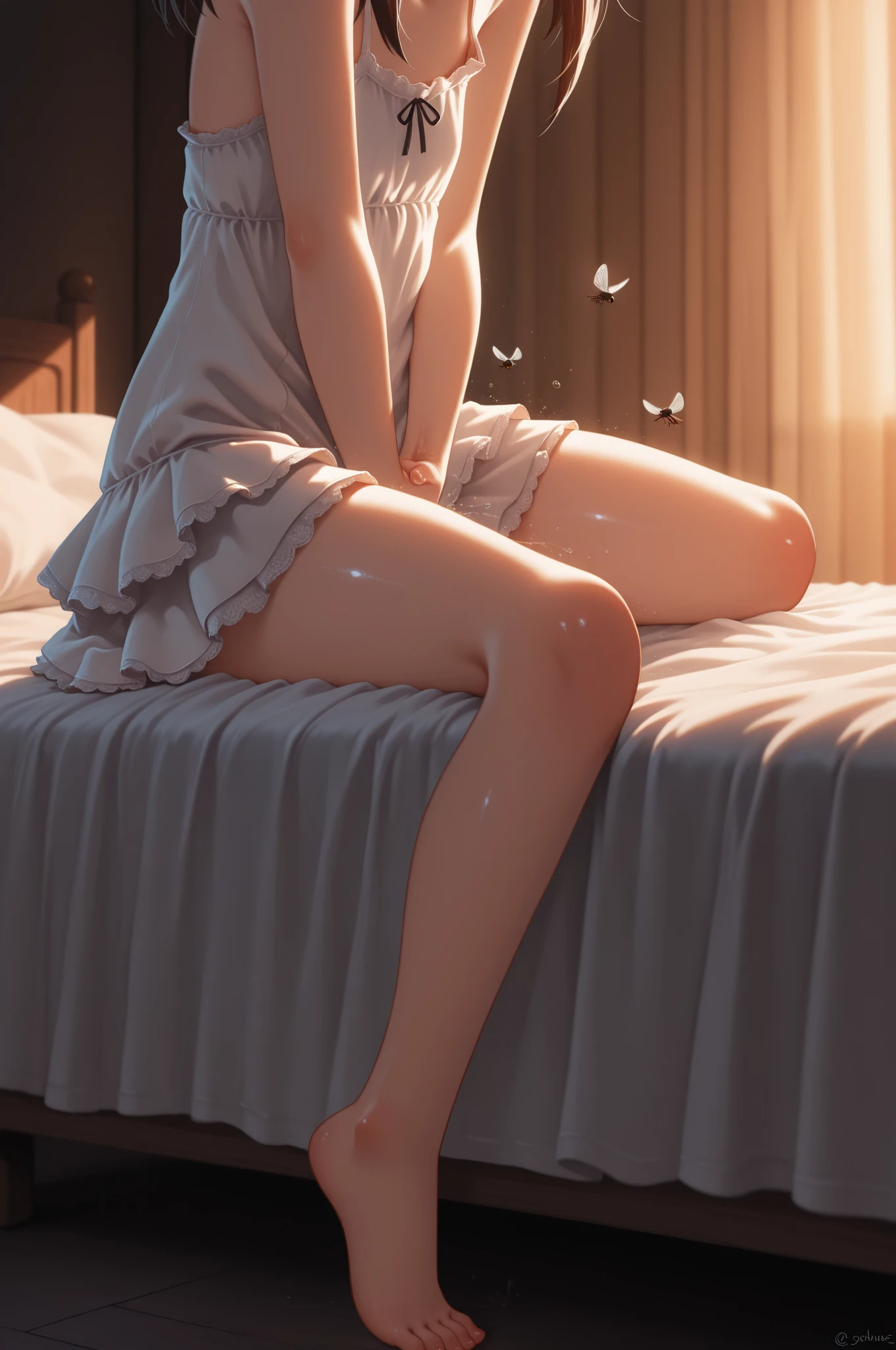 Sleeping Girl， realisticlying， best qualtiy， （（（（Light costume））））， full body Esbian， （Large breasts）， Twinkle， （20yr old）， （（White thong： 1.5））， （（（Chest dew： 1.5））））， （（Lie down in bed： 1.5））））， （（（Opening legs： 1.8）），Correct limbs，Perfect limbs