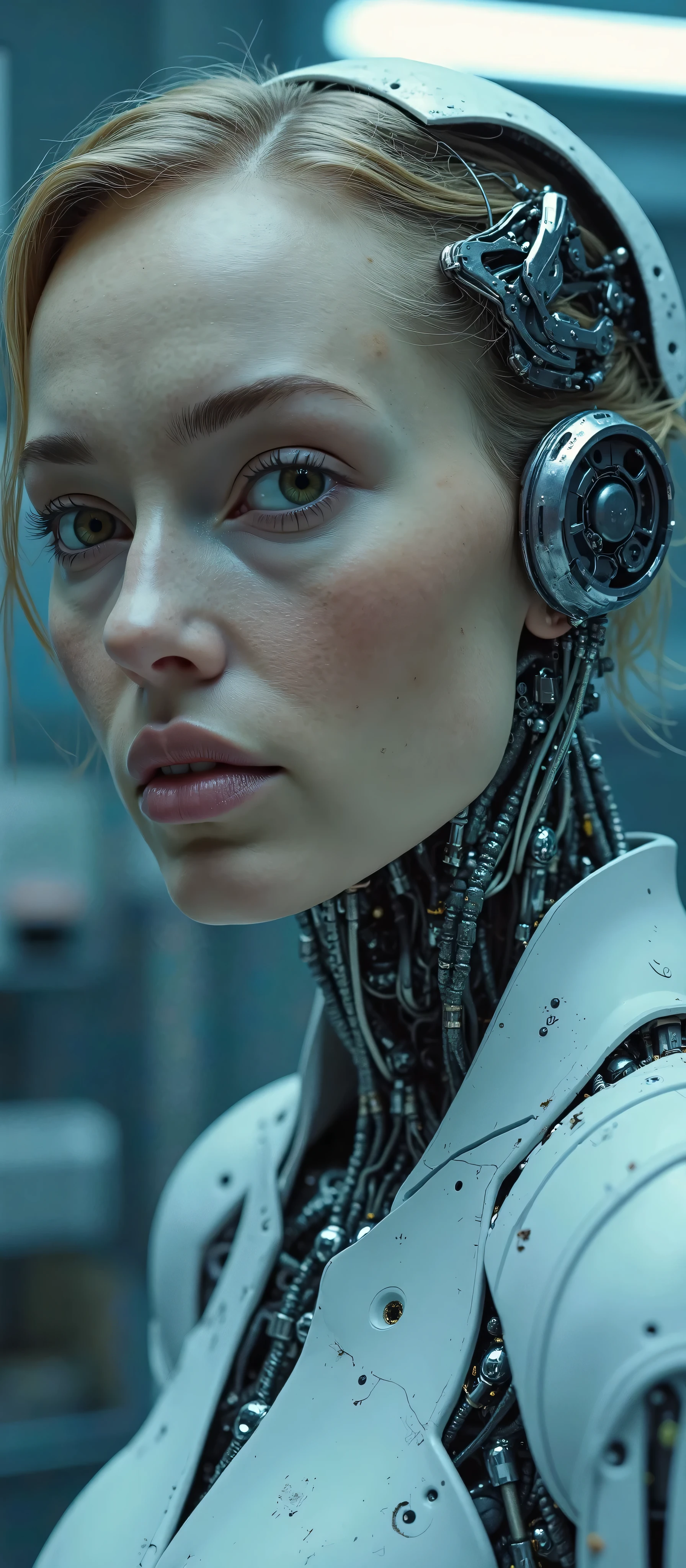 cinematic photo 1girl, cyberpunk, science fiction, cyborg, looking at viewer, realistic, medium breasts, blue eyes, brown hair, lips, long hair, blurry background, cable, mechanical parts, upper body, android, armor, very detailed, dramatic light, sharp focus, cool, full color, cinematic, candid, artistic, extremely inspirational, beautiful, inspiring, thought
<lora:CyborgsXL:1>, , <lora:FILM_PHOTOGRAPHY_STYLE:0.25> . 35mm photograph, film, bokeh, professional, 4k, highly detailed
