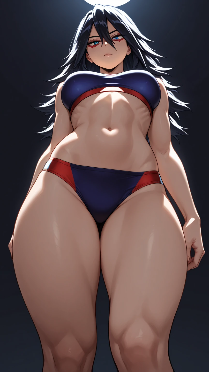 snfw,(highest quality:1.2),1 girl,alone,Are standing_Split,tsunade senju,(white leotard:1.2)、short hair,blue hair,bangs,interface headset,hair between eyes,pixelated background,neon light,SF color scheme,Bright colors,metallic texture,detailed shading,Holographic interface,dark atmosphere,high contrast,sharp focus,twig of hair,Reflective surface,exquisite details,High resolution,studio lighting,Red accents,Illuminated environment,artificial intelligence assistant、camel toe
