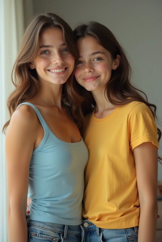 2heads, (one head 13 year old:1.5), (one head 17 year old:1.5), (a blonde and a brunette:1.4)