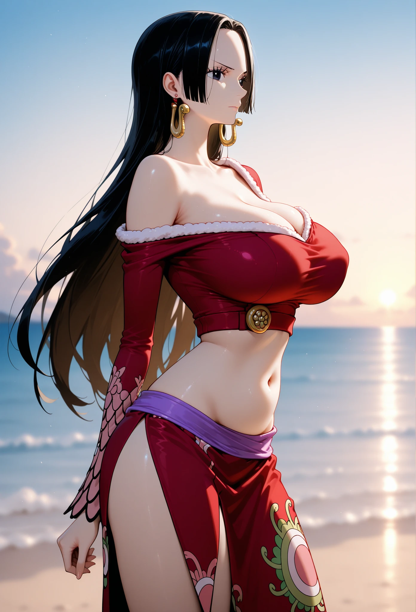 best quality, masterpiece, over  the  sea,1girl (((slit Red Dress)))、Beautiful sunlight on the beach, One Piece character (Nico Robin), ((Long Straight black hair)), smile, extremely beautiful, looking at the viewer, Big Breasts:1.7. (top-quality, 8K, masterpiece:1.3)), A detailed eye, (looking at from the front), Look at the camera, ((Everything is sparkling、reflecting light:1.2)), (Best Ratio: 4 fingers, 1 thumb), (portrait), 1 person, Nico Robin ((one piece)), Beautiful woman with perfect body, Highly detailed facial and skin texture,wearing accessories on head, all fingers pointing at viewer,(((Beautiful white bikini)))