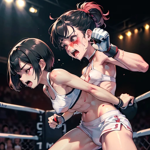 punch, punch, punch. two bloody beautiful Japanese female fighters are looking at each eyes. life or death struggle. survival battle. dynamic exciting action in the octagon fighting ring. whole body picture. they are beating each other so hard. their punches to each other's faces. they are covered in scars and bruises. they are damaged terribry. Short-cut black hair, out of breath, drooling from mouth, one eye closed, exhausted, drenched in sweat. Erect nipples. open finger glove. sports-bra, high-leg panty. Stockings. armwarmers. Whittled waistline, small breasts
