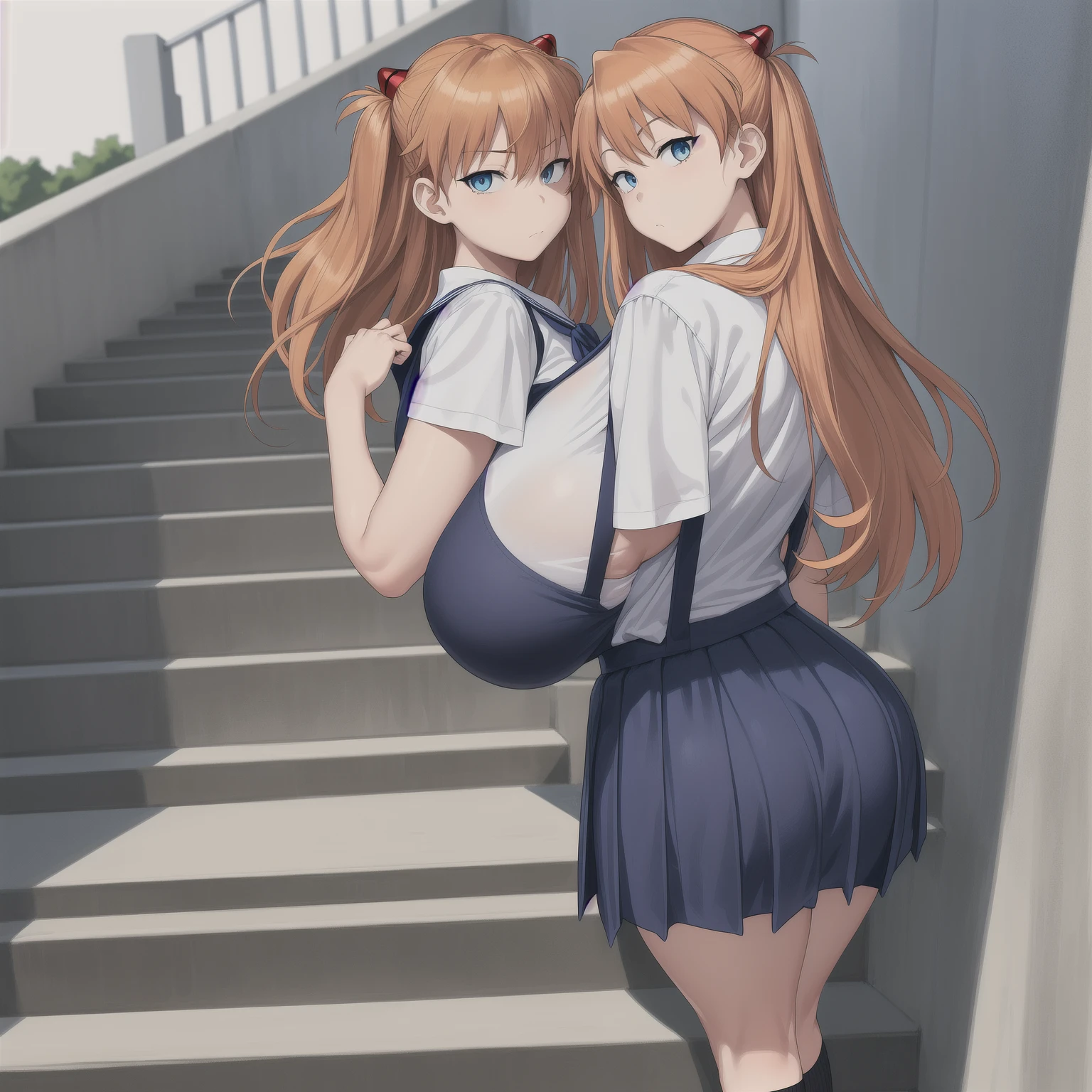 (height difference: 2), (size difference: 1.7), (outside), (a miniature woman in front of the shoes of a giantess), (2girls: 1.4), (woman), (breast envy: 1.1), (looking at another: 1.2), (looking down at her: 1.3), serafuku, (miniature woman next to the shows of a giantess), (tall cute mature girl: 1.3), (from below view: 1.3), foreshortening, (miniature woman looking up at her: 1.3)