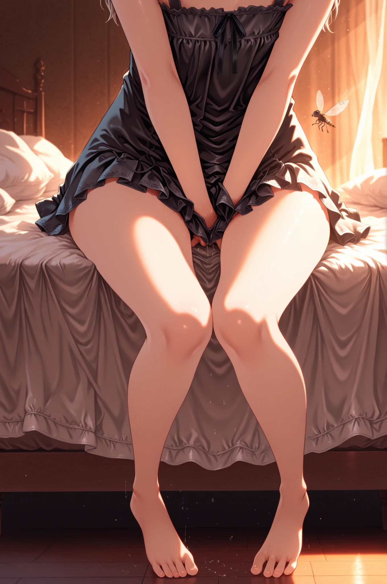 beautiful, masterpiece, Highest quality, anime, One girl,Portrait Shot, View your viewers, Covered、Long Hair、nearby、Blue Eyes、art、White hair,black streaked hair、Thighs、Braid、Bright、smile、、Cleavage、Lying on your back、barefoot、Black pajamas