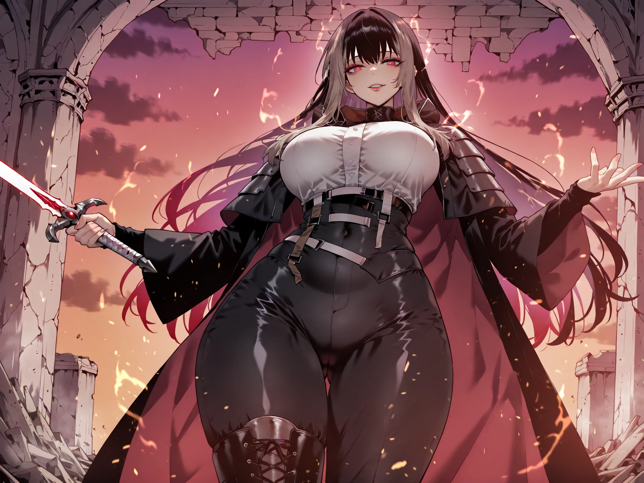 taken from above、caveの中、Hunter、Ruins、Buster Swordを持つ、black suit、black longsuit、 black long jacket、ゴスロリなshirt、Depressed、Tall Woman、A woman in her thirties、 Alassah's woman、Steins;Gate、 black longsuit 、score_9, score_8_up, score_7_up, Source_anime,masterpiece、No expression、no makeup、top quality,beautifully detailed eyes in a logistics warehouse, Exquisite Eyes、A sophisticated eye、highly detailed eyes and faces,unmotivated expression、lethargic face、 long breasts, Black Jacketを羽織る、Black Jacket、shirt, big saggy breasts, shockingly big breasts, big breasts,big boobs、boobs 、Zitoida, makeup、no makeup、long hair、smooth straight hair、black slacks、tall woman、Tall Woman、plump thighs, parted lips、 shining eyes,(Fire Aura Onkown),dungeon内、Crimson Eyes、long hair、dark haired、黒い髪、Long Straight Hair、dungeon、cave、Ruins、solo、holding a sword、soloプレイヤー、red aura、 Crimson Aura 、Rugged Sword、Strict Sword、Buster Sword、Wide ass、beautiful butt、and stick your butt into the focus of your butt、long boots、Shoulder Armor、Fearless Laugh、strong、Is confident、suit pants、黒いlong pants、Black Skinny、long pants、Dynamic、Satu、fight、Satu狂、俺だけレベルupな件、arrogant、 Confidence々The smile 、bewitching smile、Sadist、Satu中、hunting、hunting