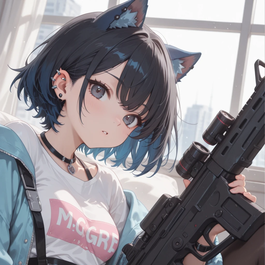 Imagem de uma mulher com uma arma e uma orelha de gato, com fuzil, maple story gun girl, M4 SOPMOD II Meninas Linha de Frente, com pistola, gatinha, Espeon com um franco-atirador, Someone, segurando um blaster, holding sci-fi rifle, Anime metralhadora de fogo, Nekomimi, segurando fuzil, segurando um mp7, pessoa com pelo roxo, Motor irreal : : maquiagem, Retrato de Jinx de Arcane, menina atraente,  gatinha, gatinha jovem bonita,  com o rosto muito detalhado,