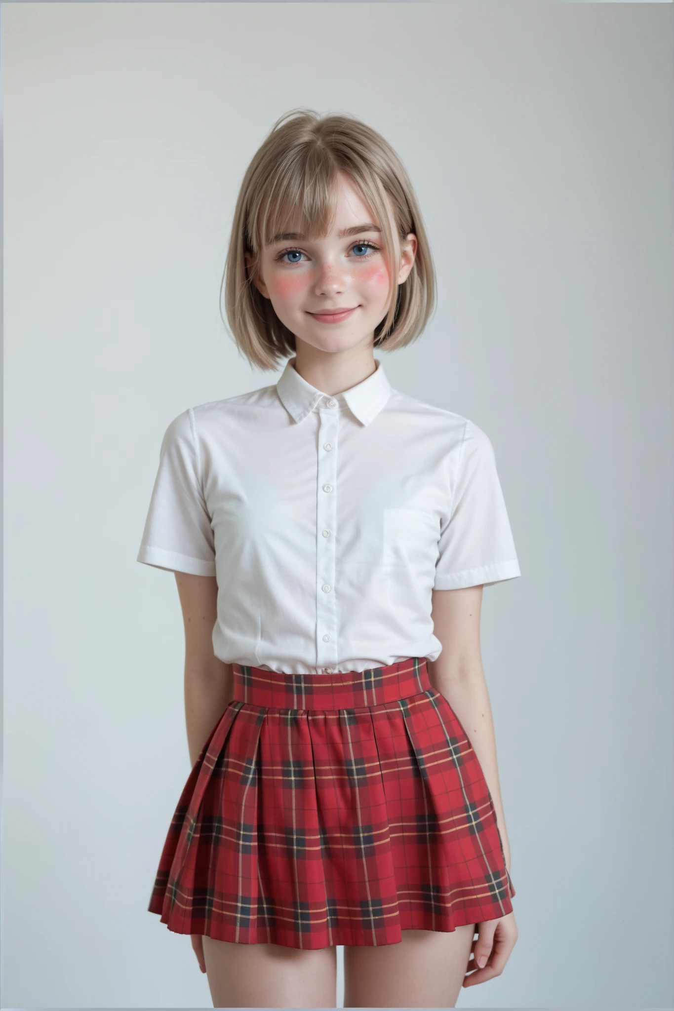 (best quality,hyper-realistic,ultra-detailed,8k), teenager, fifteen years old, shy, sad, paleness, big blue eyes, very white skin, small nose, very short brown hair with bangs, melancholy, delicate, feminine, skinny, elegant school blue uniform, red tie, brilliant day, garden of thousand white roses, rain, Eiffel tower, Pink silk laces.