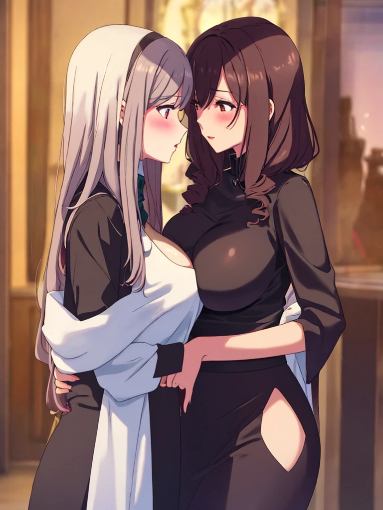 masterpiece、highest quality、High resolution、Very detailed、Medium wide shot、(young black-haired man)、(A woman with long blonde hair and big breasts)、Face to face、Angle from the side、profile、Smiling、Gazing at each other、Are standing、Hands at your side、