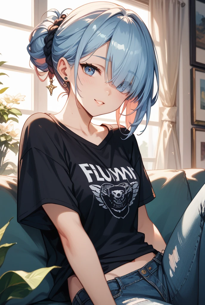 mature woman, (mature face, hot face), nasty expression, raven hairstyle, (white hair color, black gradient hair color), (sharp eyes), black pupils, glossy lips, voluptuous body, big breasts, big ass, casual clothes, oversized t-shirt, hot pants, sitting on sofa, living room, side view, (lewd expression)
