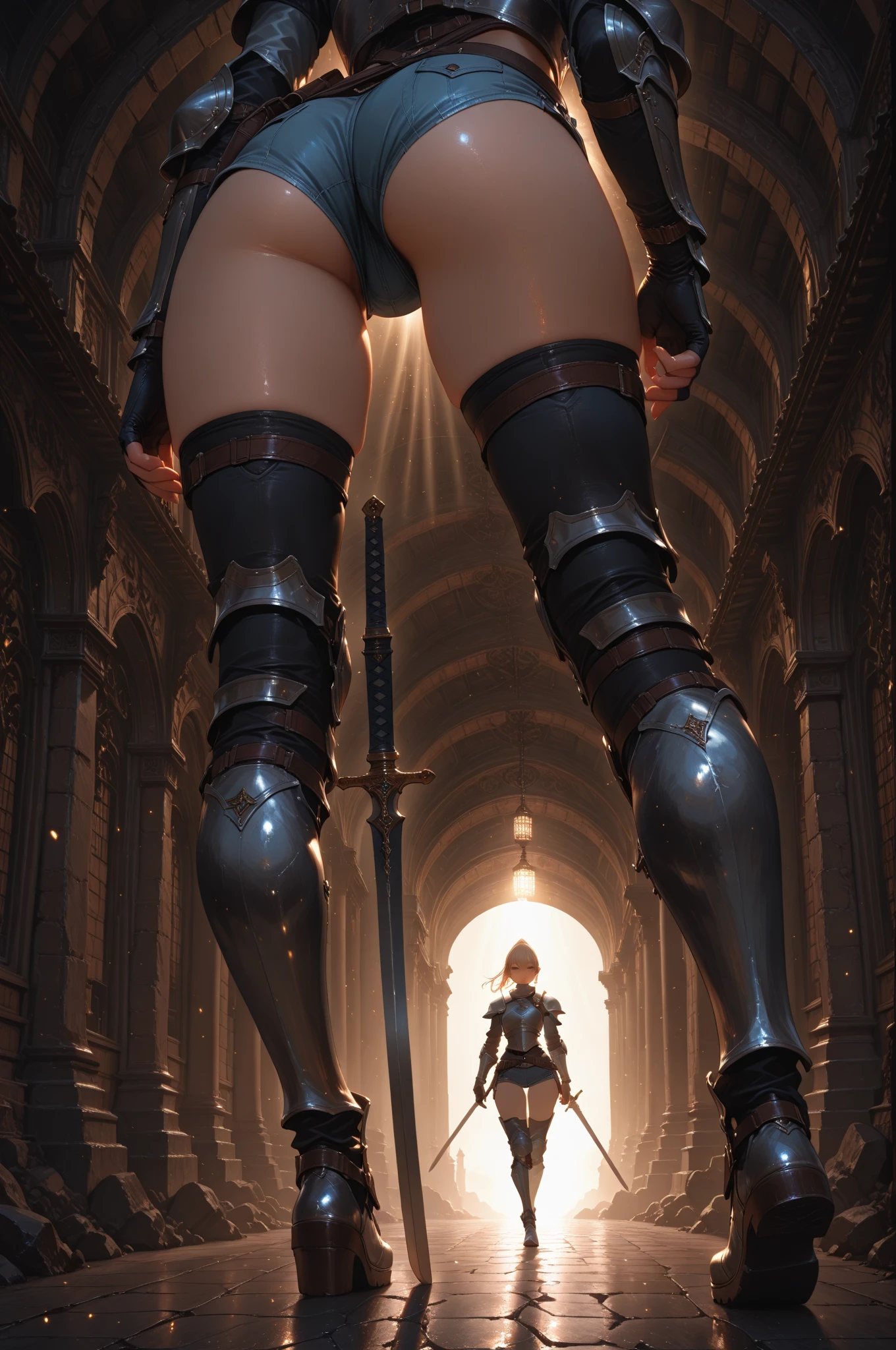 (masterpiece, top quality, best quality, official art, beautiful and aesthetic:1.2), ((Sharp facial features, sharp features, hawkish features)), ((blue eyes)), busty brunette paladin knight girl, extremely detailed, portrait, looking at viewer, solo, detailed background, (warm mountain meadow theme:1.1), holy knight, (nun), charlatan, smirk, mysterious, swaying in mountains, armor, polished metal, gold trim, long boots, white fabric, stockings, robe, pale leather, ((((nun, greatsword, heavy armor, armored, long legs, toned, muscular)))), slim waist, slim hips, long legs, medieval (mountain exterior:1.1) background, dark mysterious lighting, shadows, magical atmosphere, dutch angle, ((cameltoe panty)), ((curvy ass:1.2)), ((naked muscular thighs:1.2)), (((attacked by heavy orc warriors:1.2))), (((surrounded:1.2))), ((restrained)), (((beaten))), (((skinny))), (((rear side view:1.2))), (((close up:1.2)))