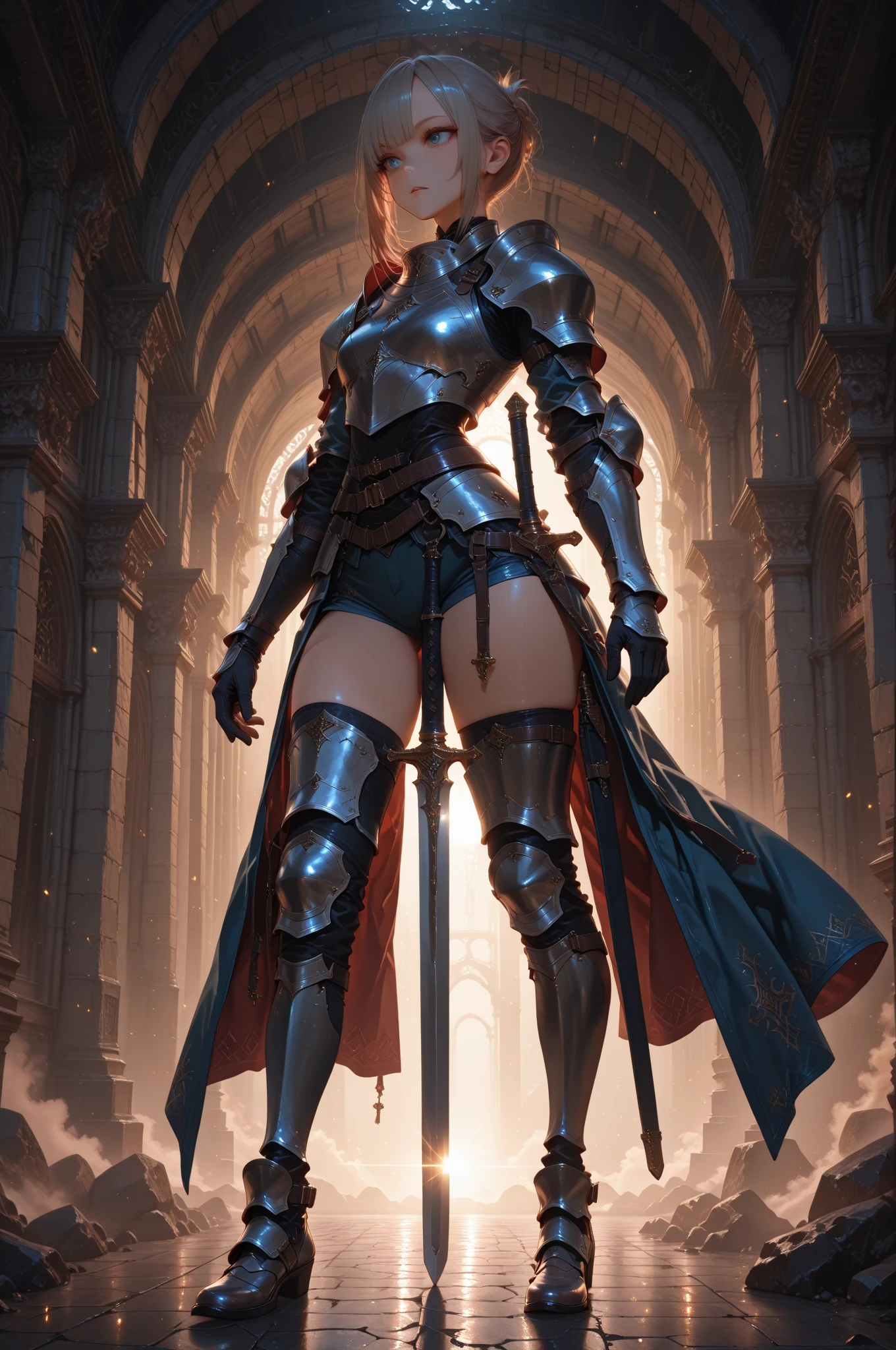 1girl,full body,red short hair,(hugging her legs)),female knight,dirty armor,helmet,elbow guards,knee pads,((fishnet stockings,thigh high boots)),(best quality,4k,8k,highres,masterpiece:1.2),ultra-detailed,(realistic,photorealistic,photo-realistic:1.37),detailed face,beautiful detailed eyes,beautiful detailed lips,extremely detailed eyes and face,long eyelashes,dynamic pose,dramatic lighting,muted color palette,cinematic composition